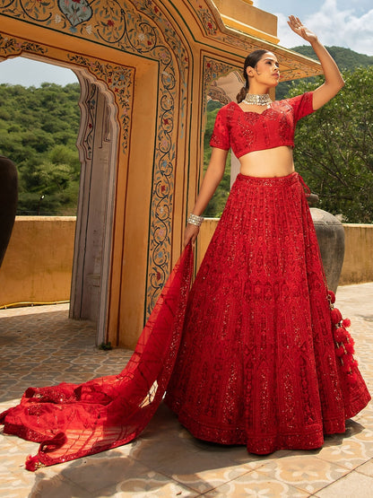 Red Bridal Lehenga with Heavy Zari and Sequins Embroidery