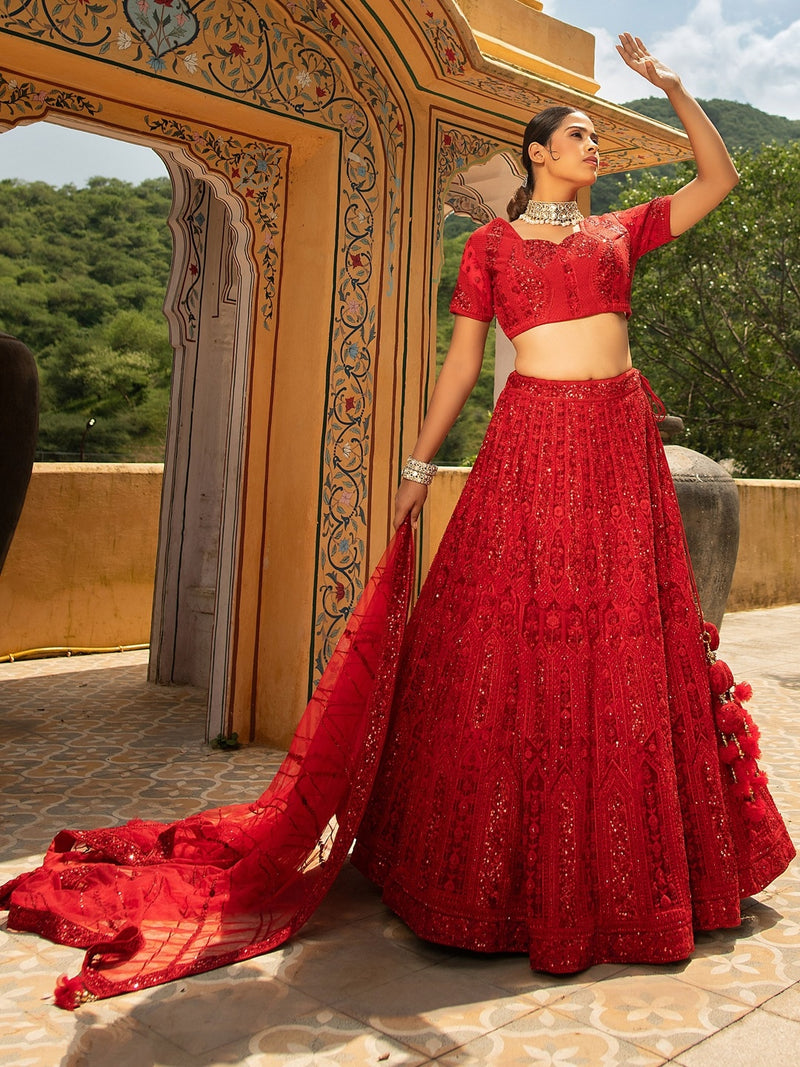 Red Bridal Lehenga with Heavy Zari and Sequins Embroidery
