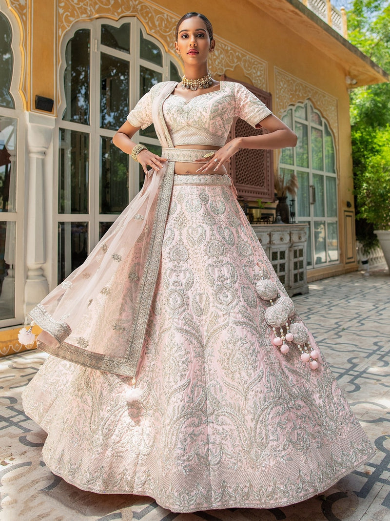 Pastel Pink Bridal Lehenga with Floral Embroidery