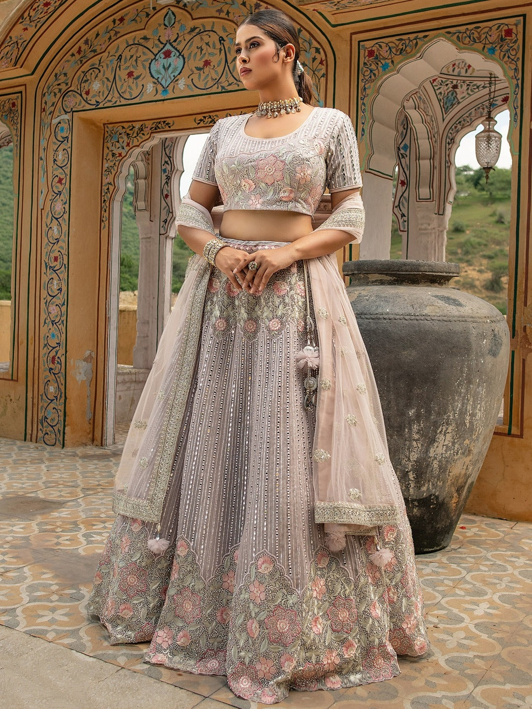 Gray &amp; Pink with Subtle Embroidered Bridal Lehenga