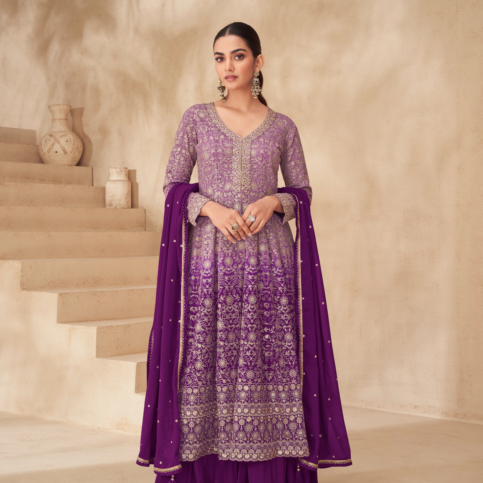 Purple Ombre Real Georgette Palazzo Suit