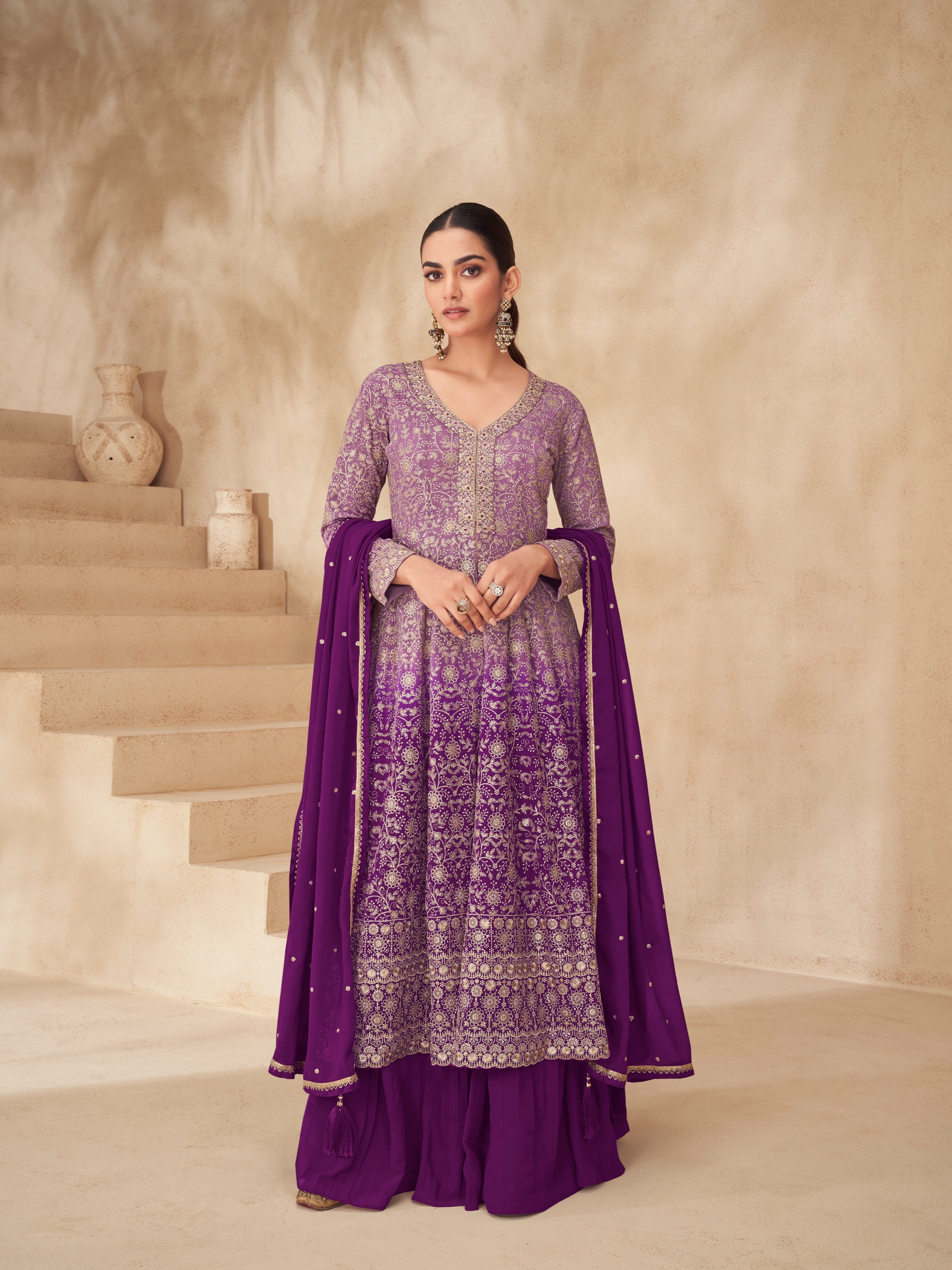 Purple Ombre Real Georgette Palazzo Suit