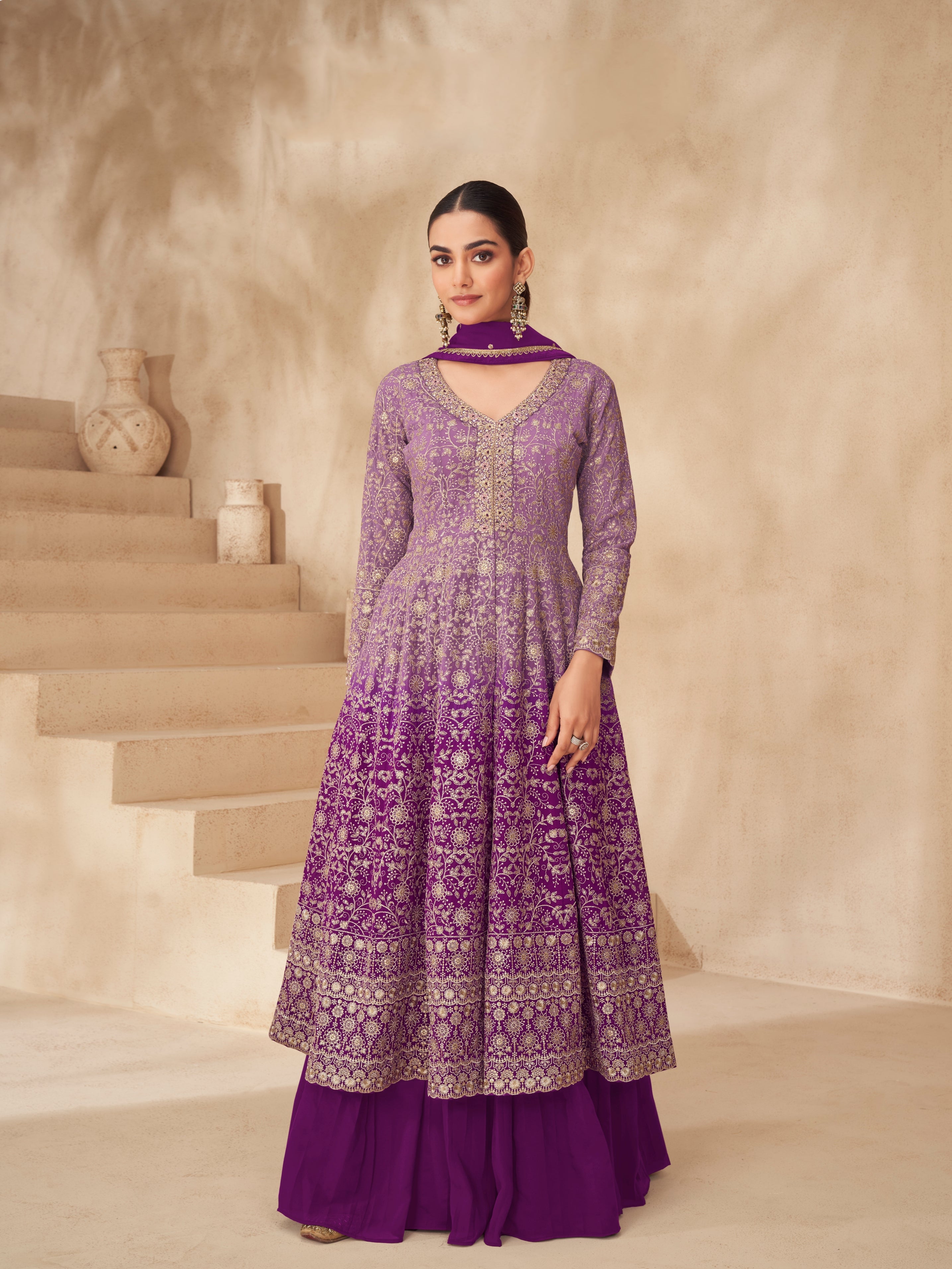 Purple Ombre Real Georgette Palazzo Suit