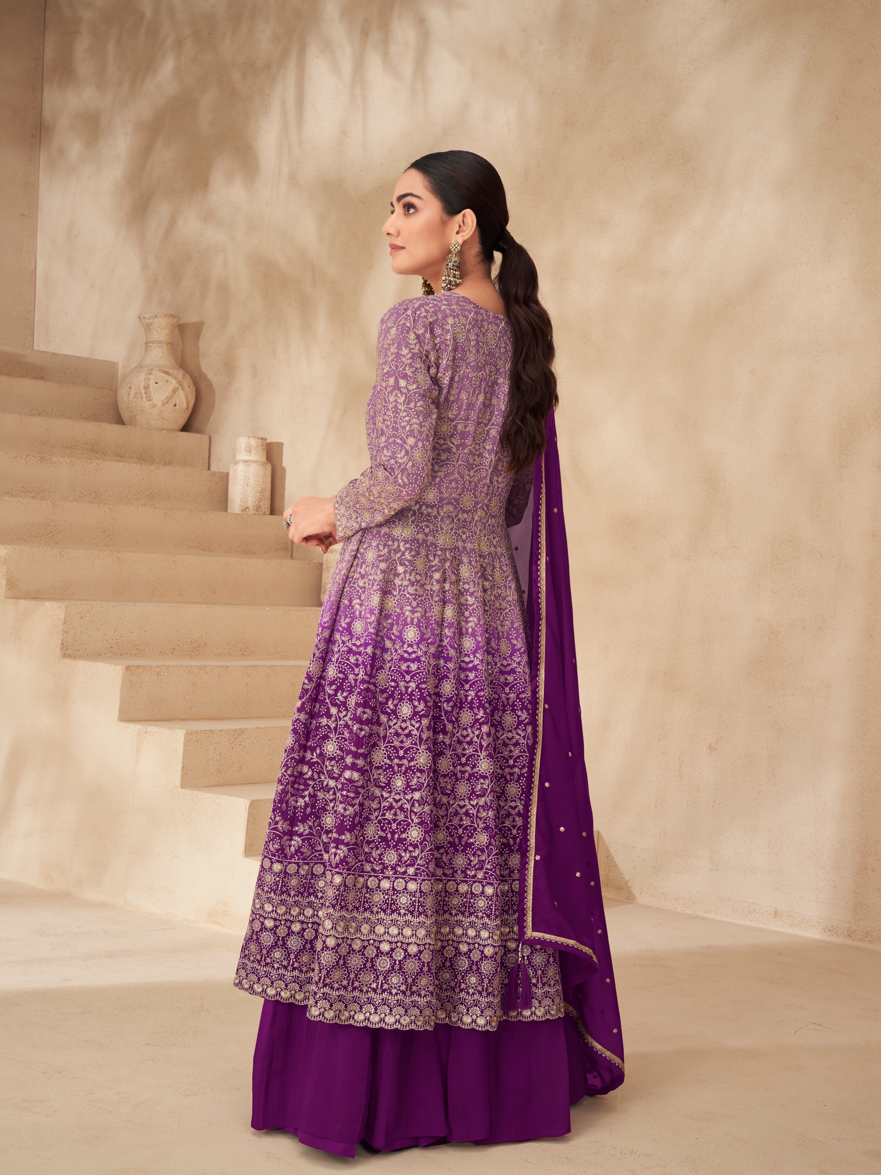 Purple Ombre Real Georgette Palazzo Suit