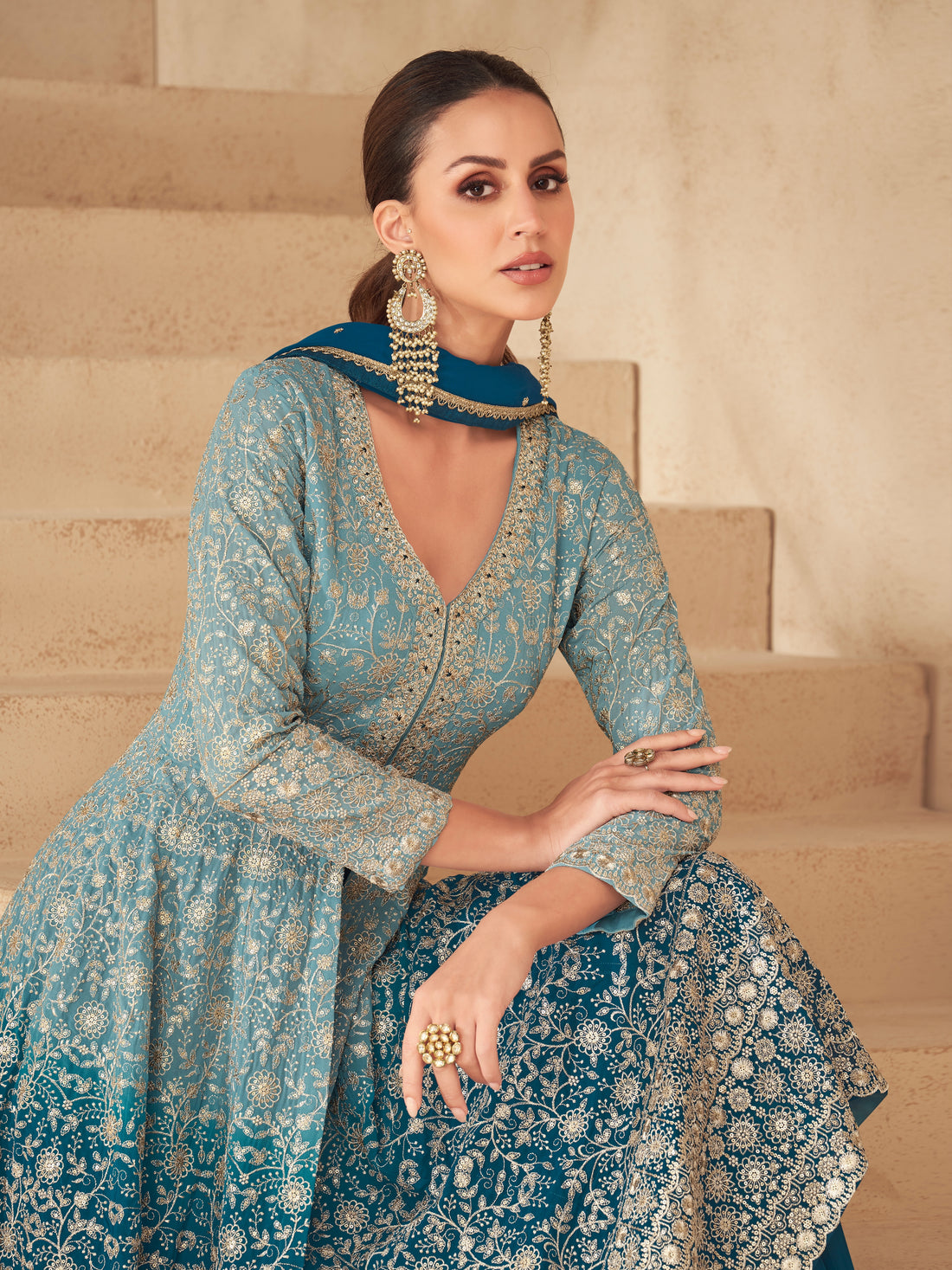Teal Blue Real Georgette Palazzo Suit