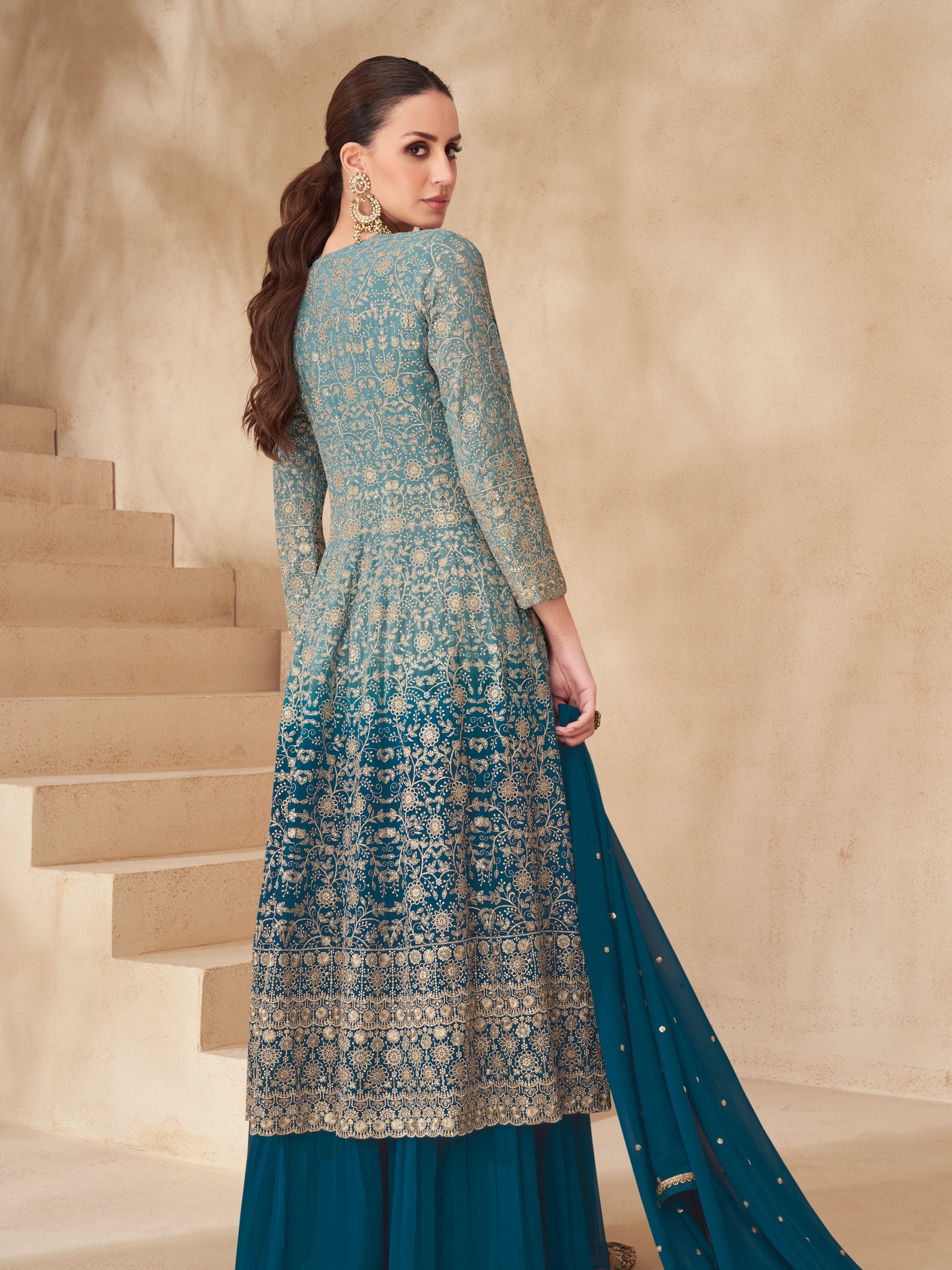 Teal Blue Real Georgette Palazzo Suit