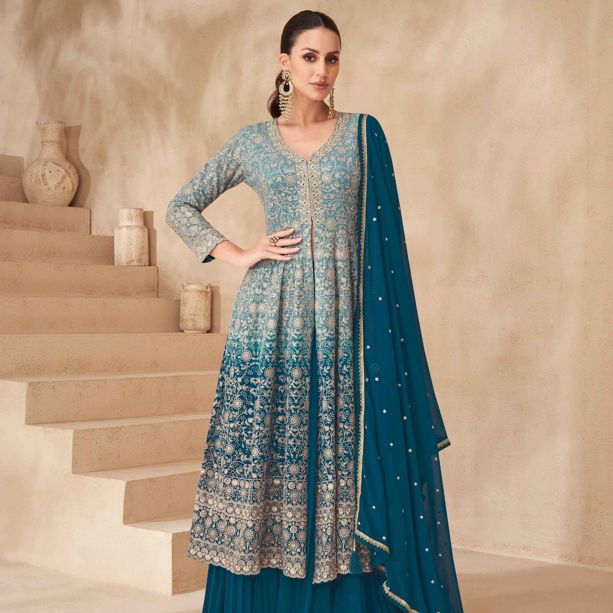 Teal Blue Real Georgette Palazzo Suit