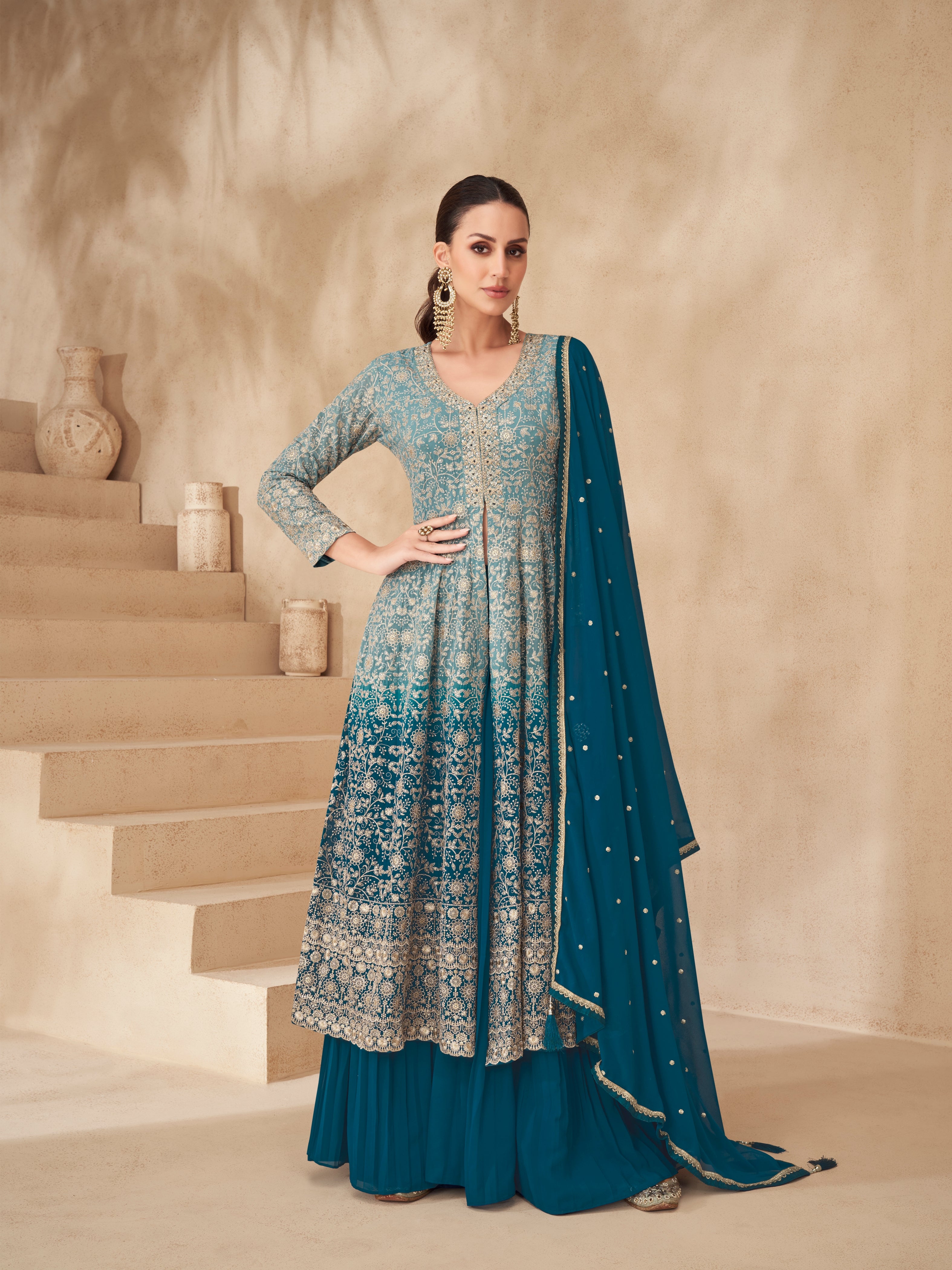 Teal Blue Real Georgette Palazzo Suit