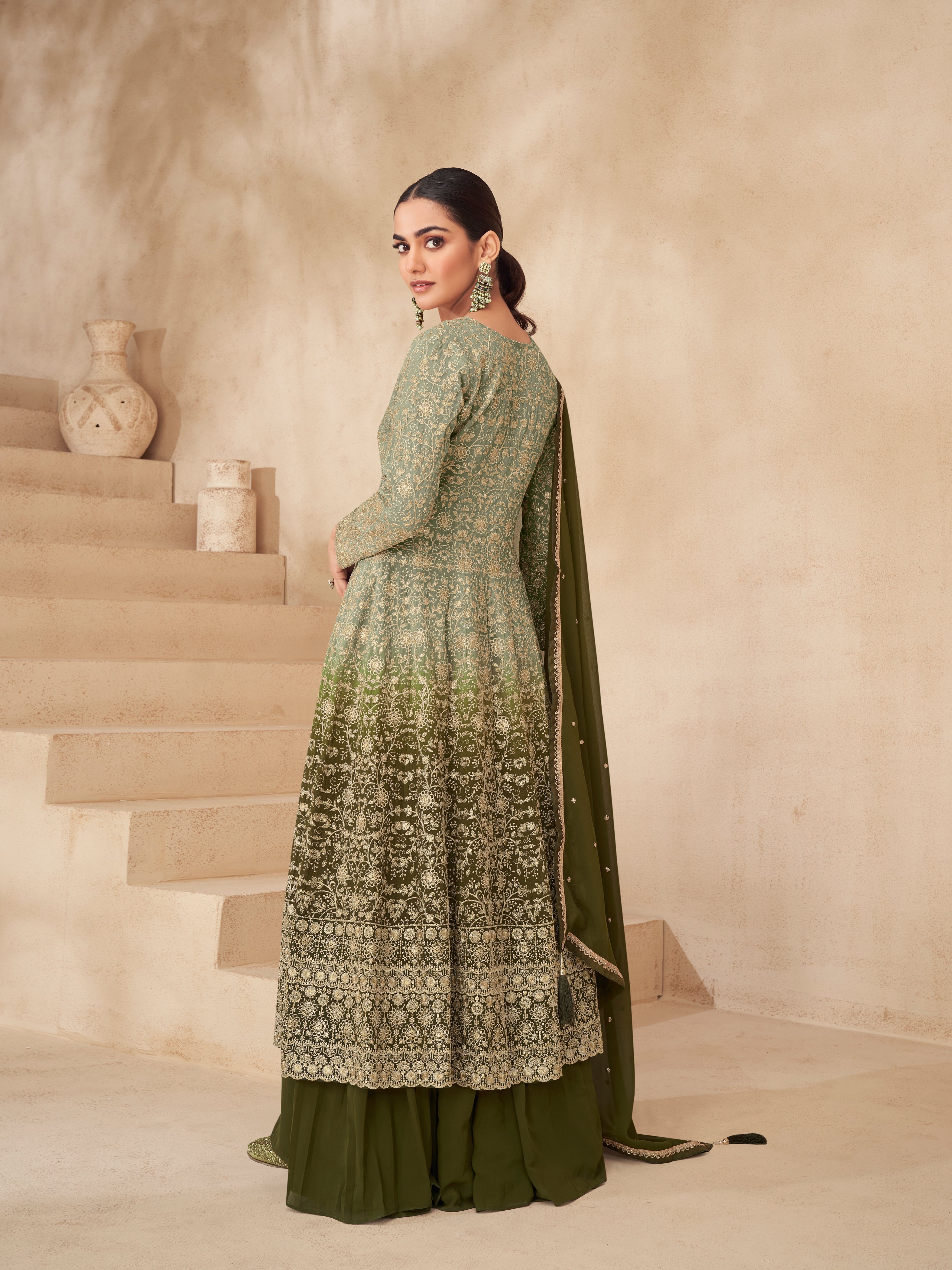 Olive Green Real Georgette Palazzo Suit