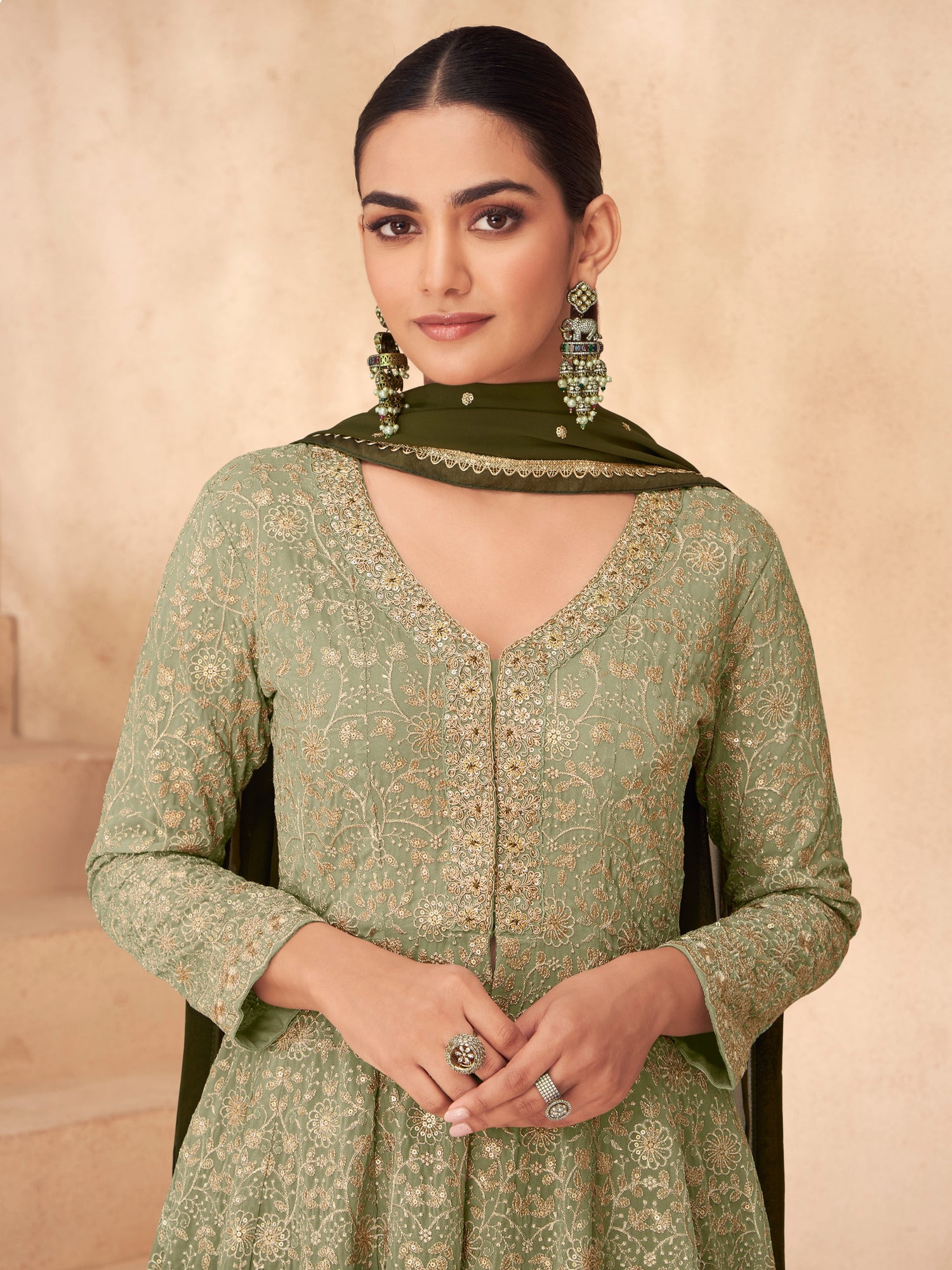 Olive Green Real Georgette Palazzo Suit