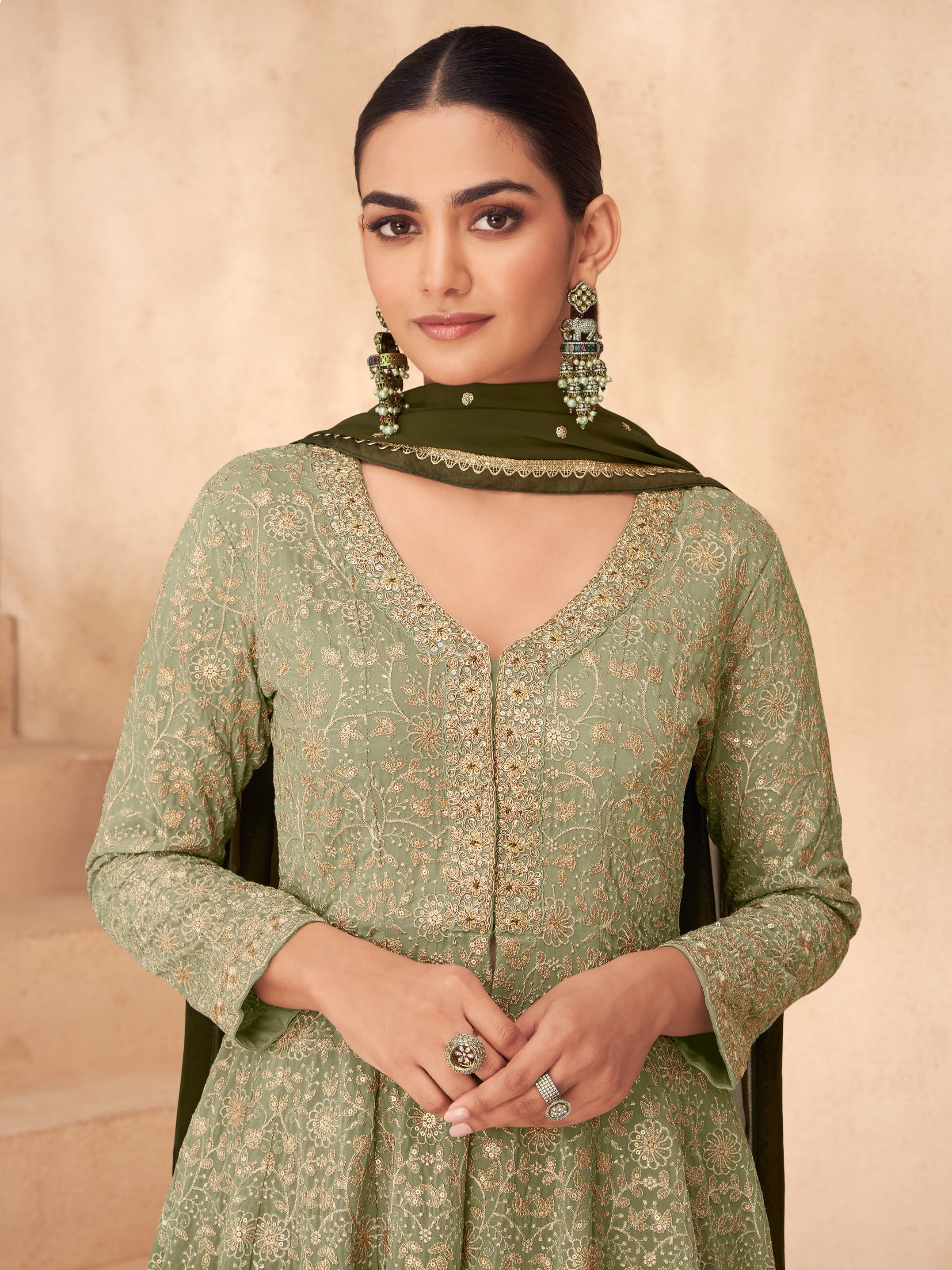 Olive Green Real Georgette Palazzo Suit