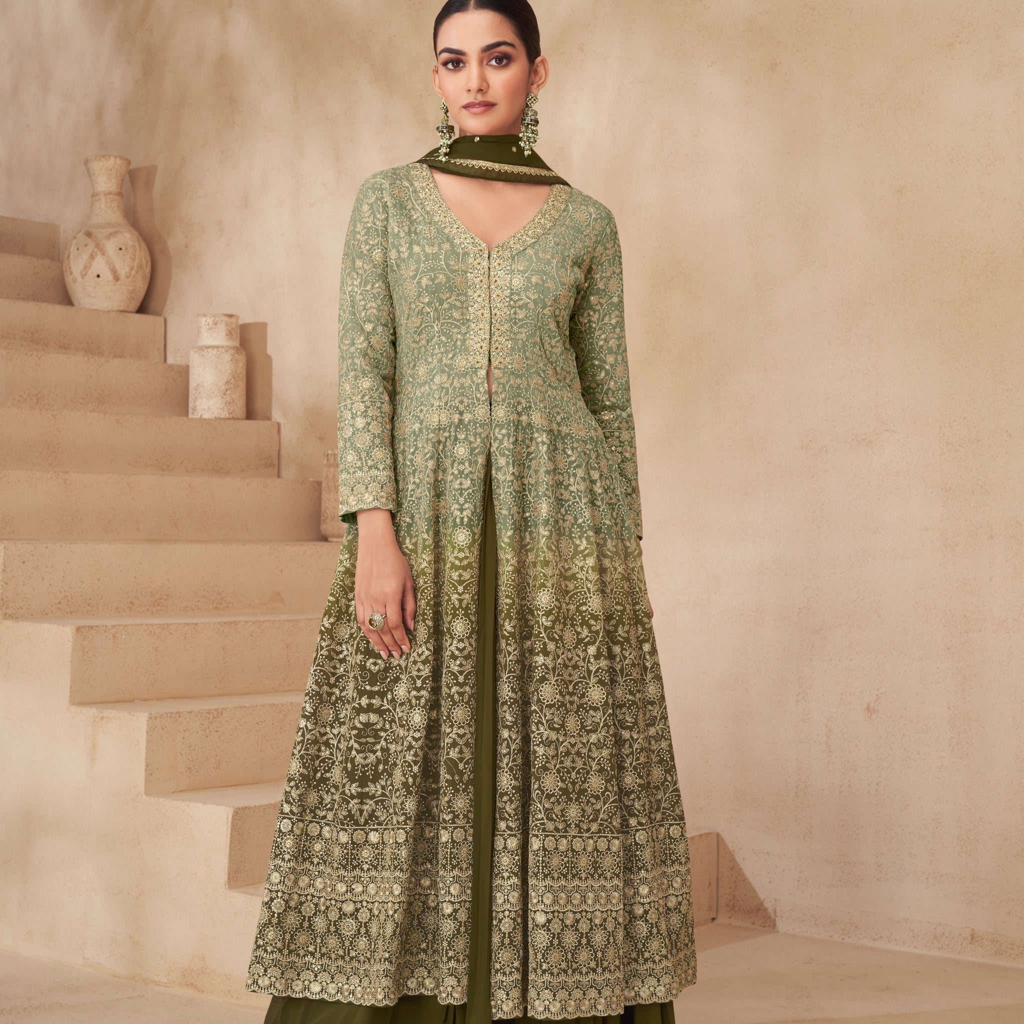 Olive Green Real Georgette Palazzo Suit