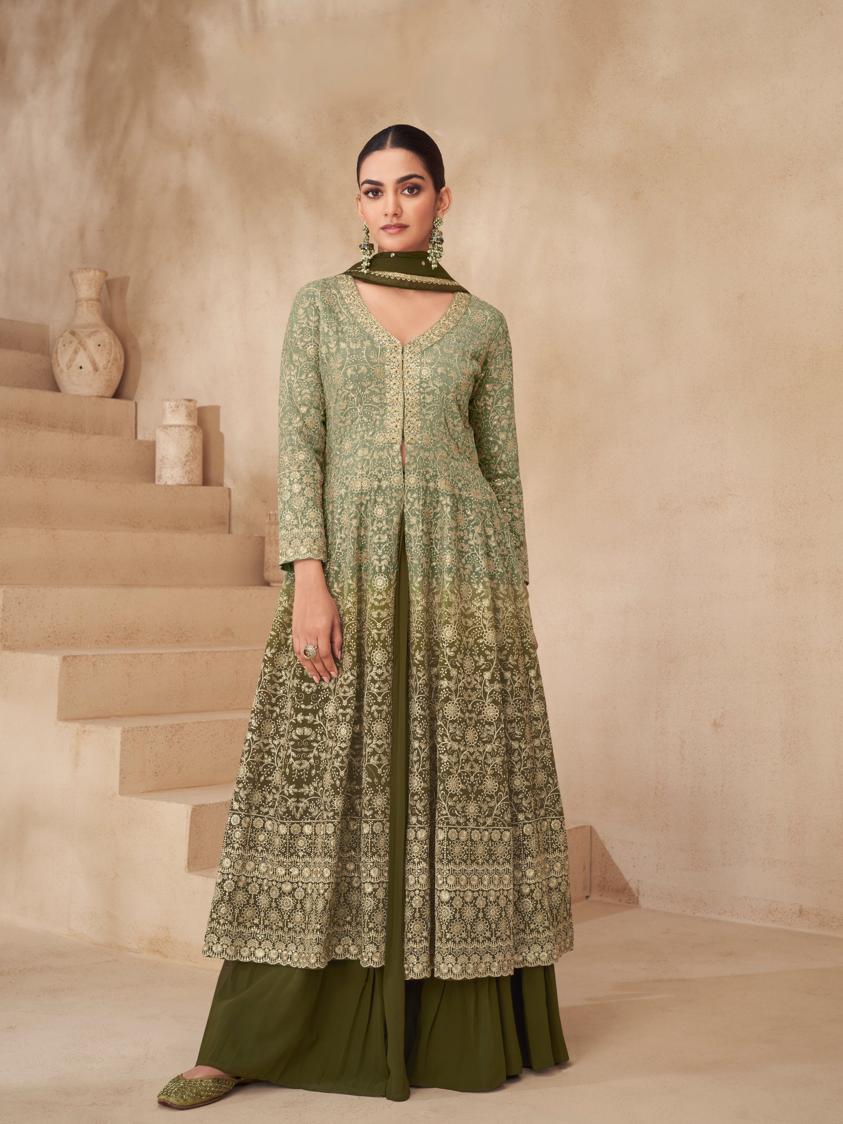 Olive Green Real Georgette Palazzo Suit