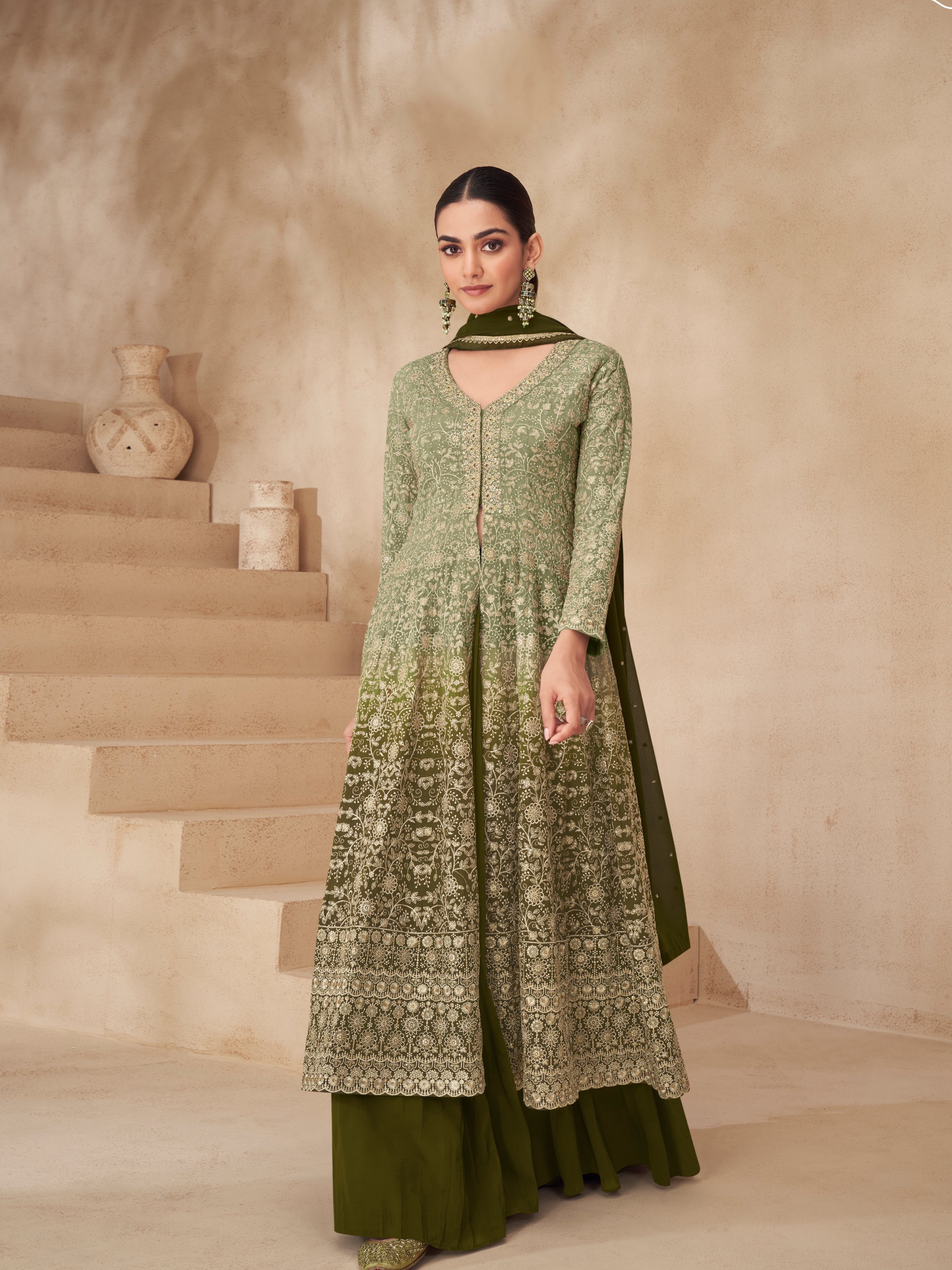 Olive Green Real Georgette Palazzo Suit