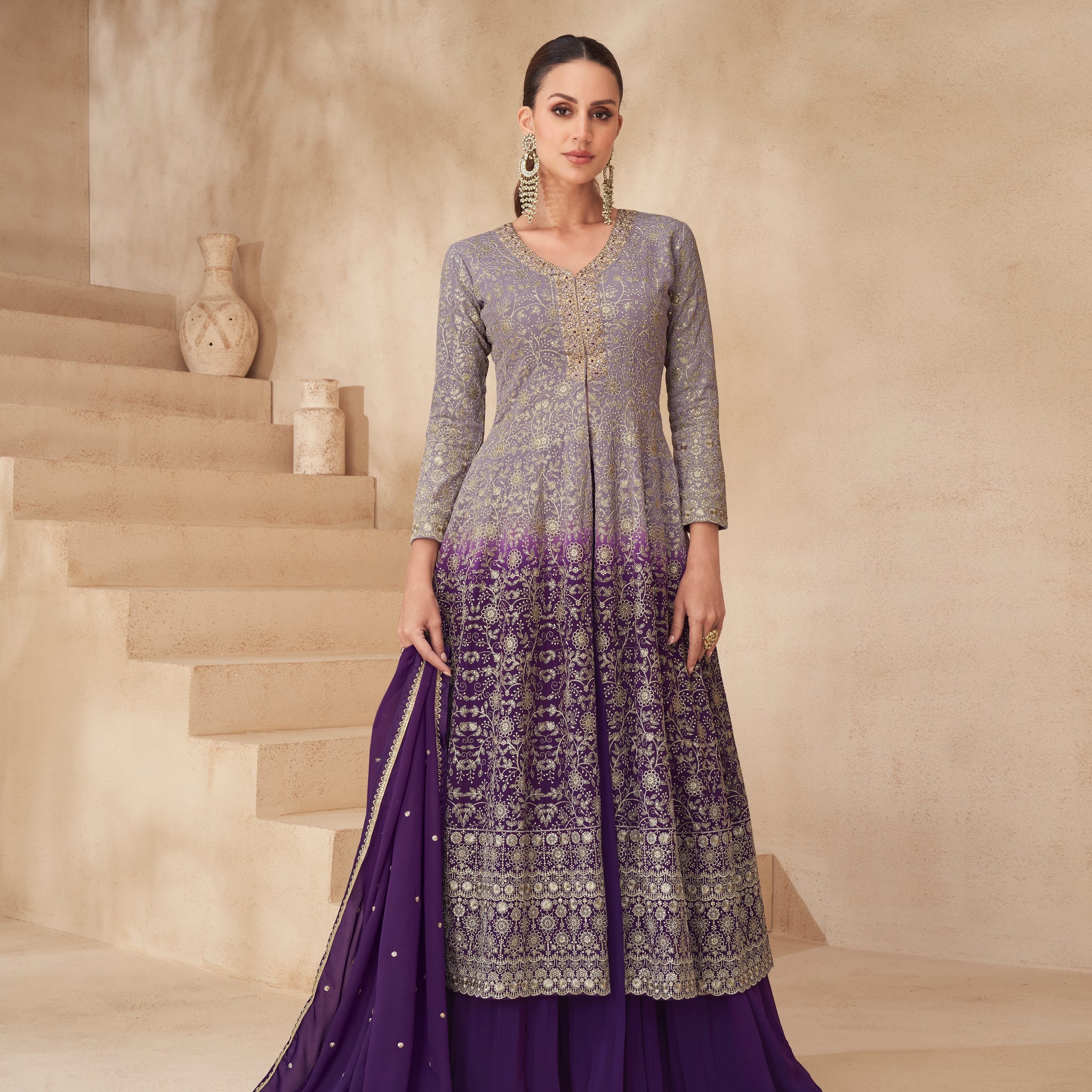 Lilac Purple Ombre Real Georgette Palazzo Suit