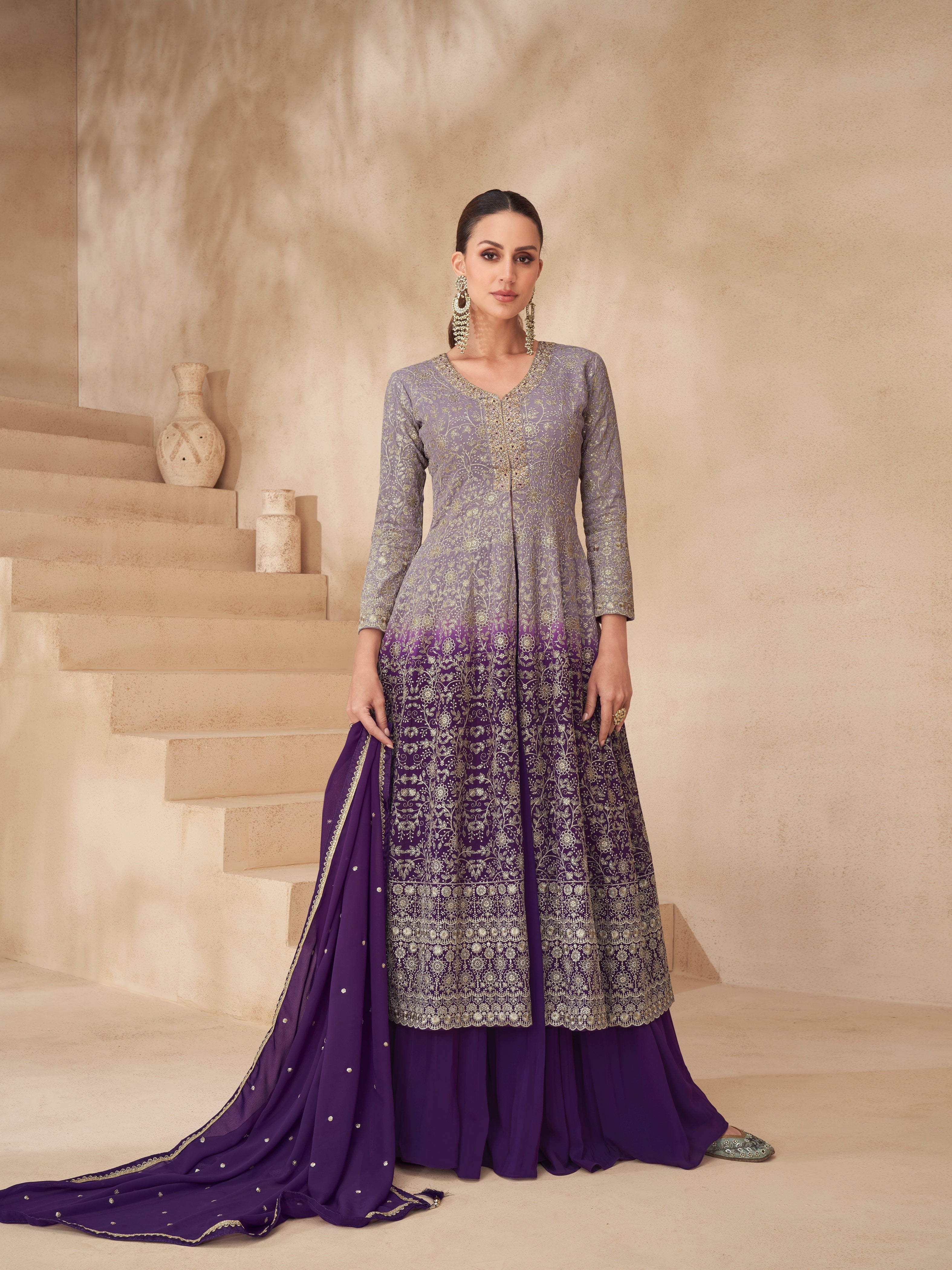 Lilac Purple Ombre Real Georgette Palazzo Suit