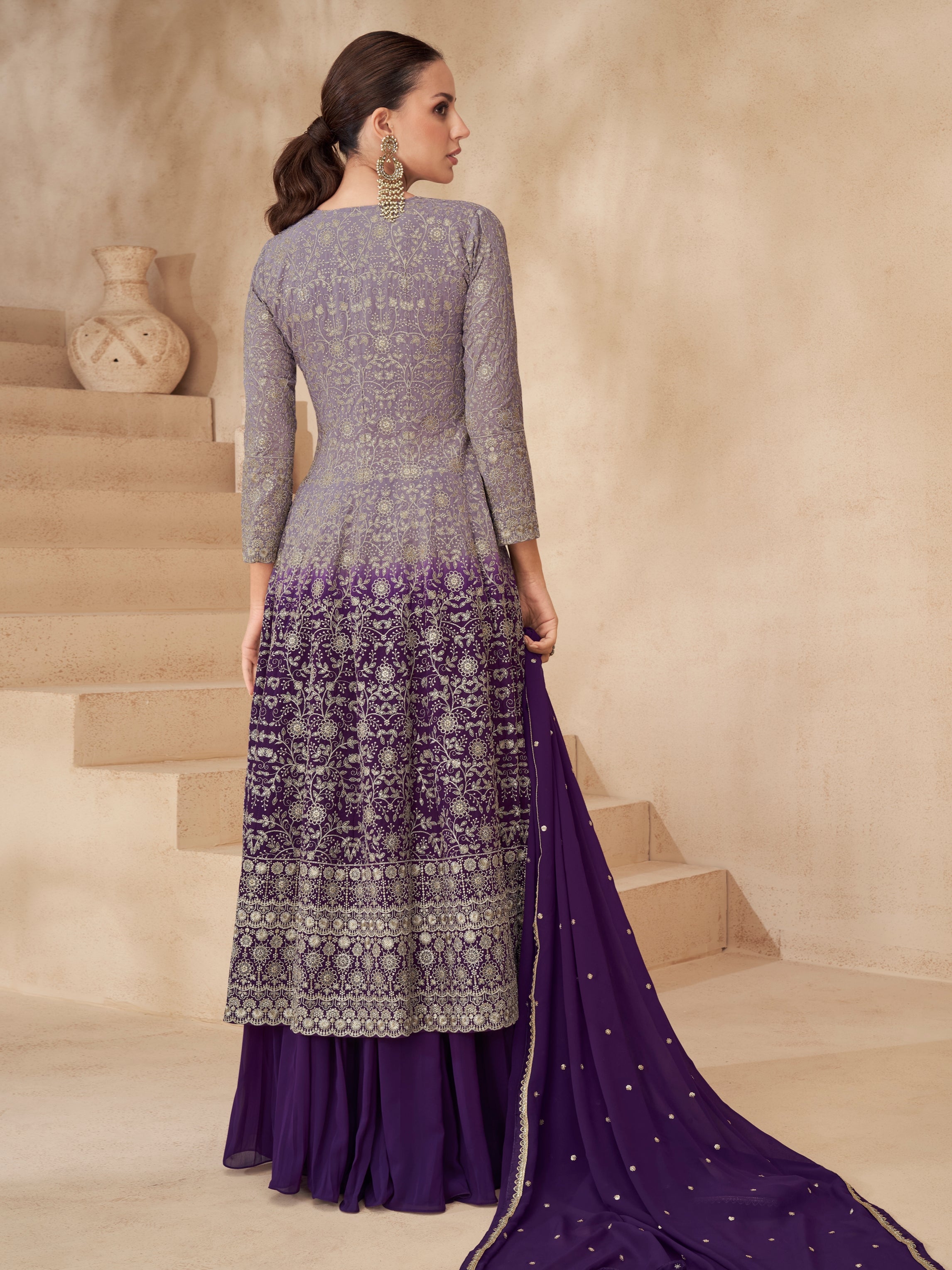Lilac Purple Ombre Real Georgette Palazzo Suit