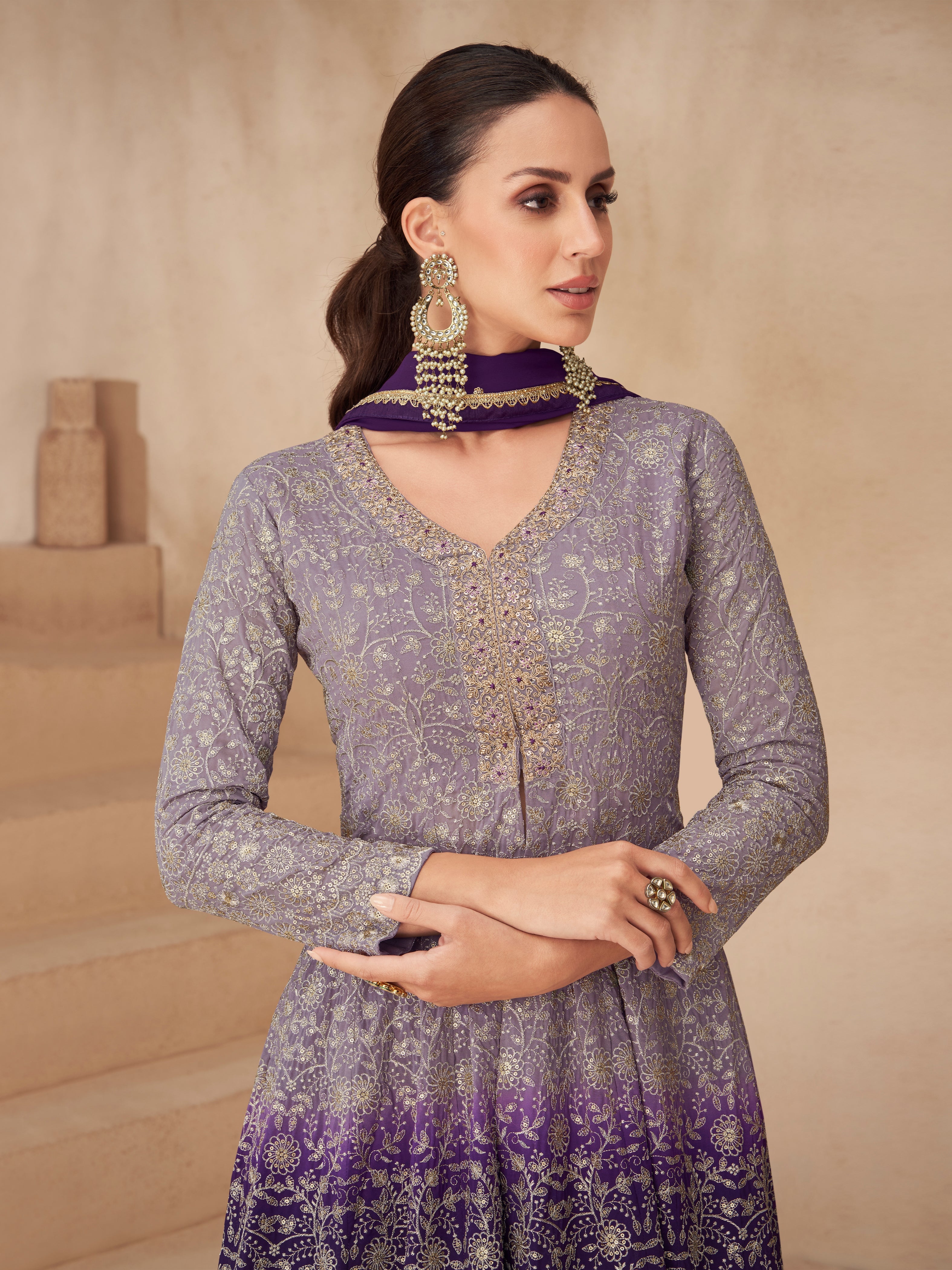 Lilac Purple Ombre Real Georgette Palazzo Suit
