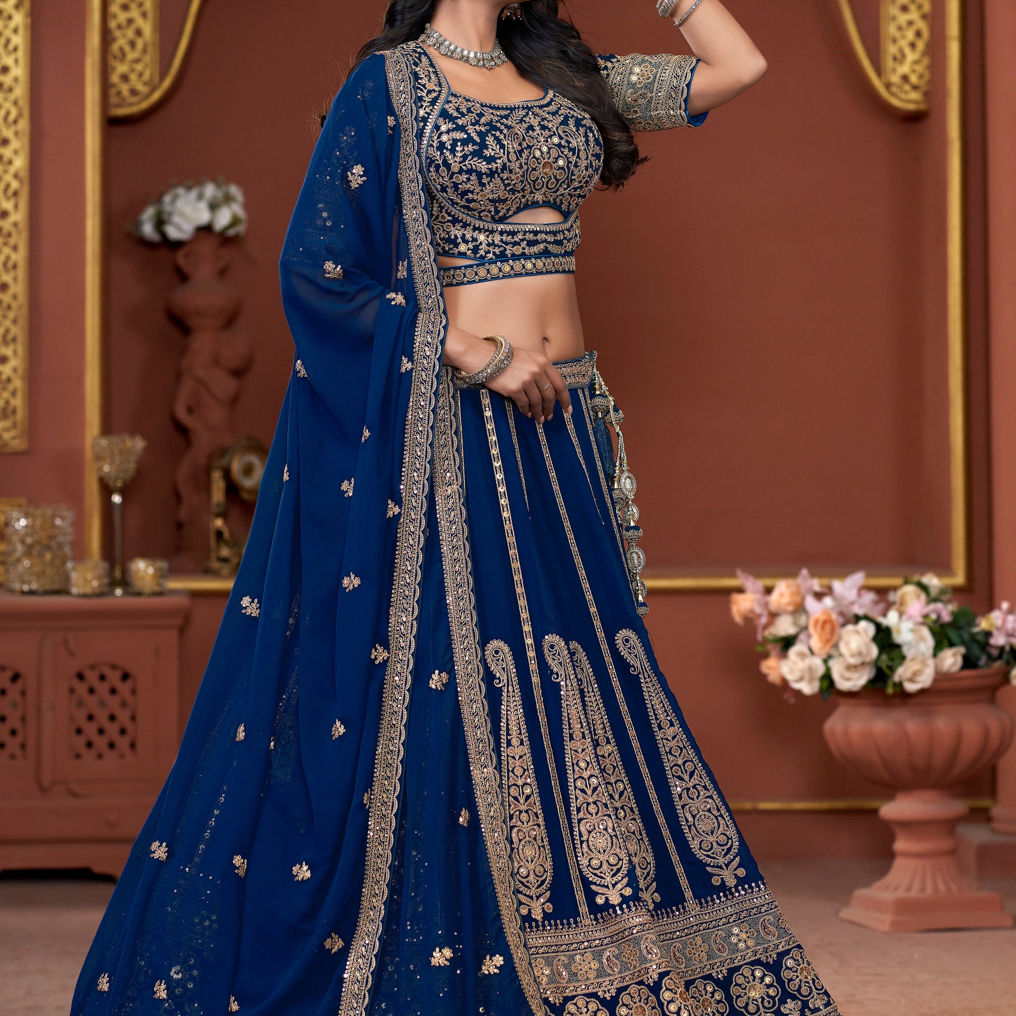 Navy Blue Georgette Bridal Lehenga