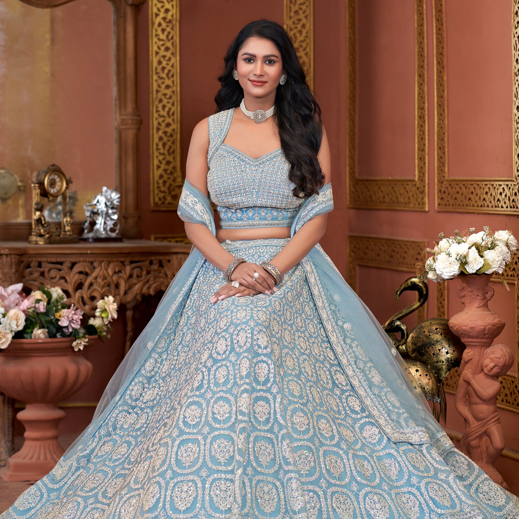 Sky Blue Premium Net Bridal Lehenga