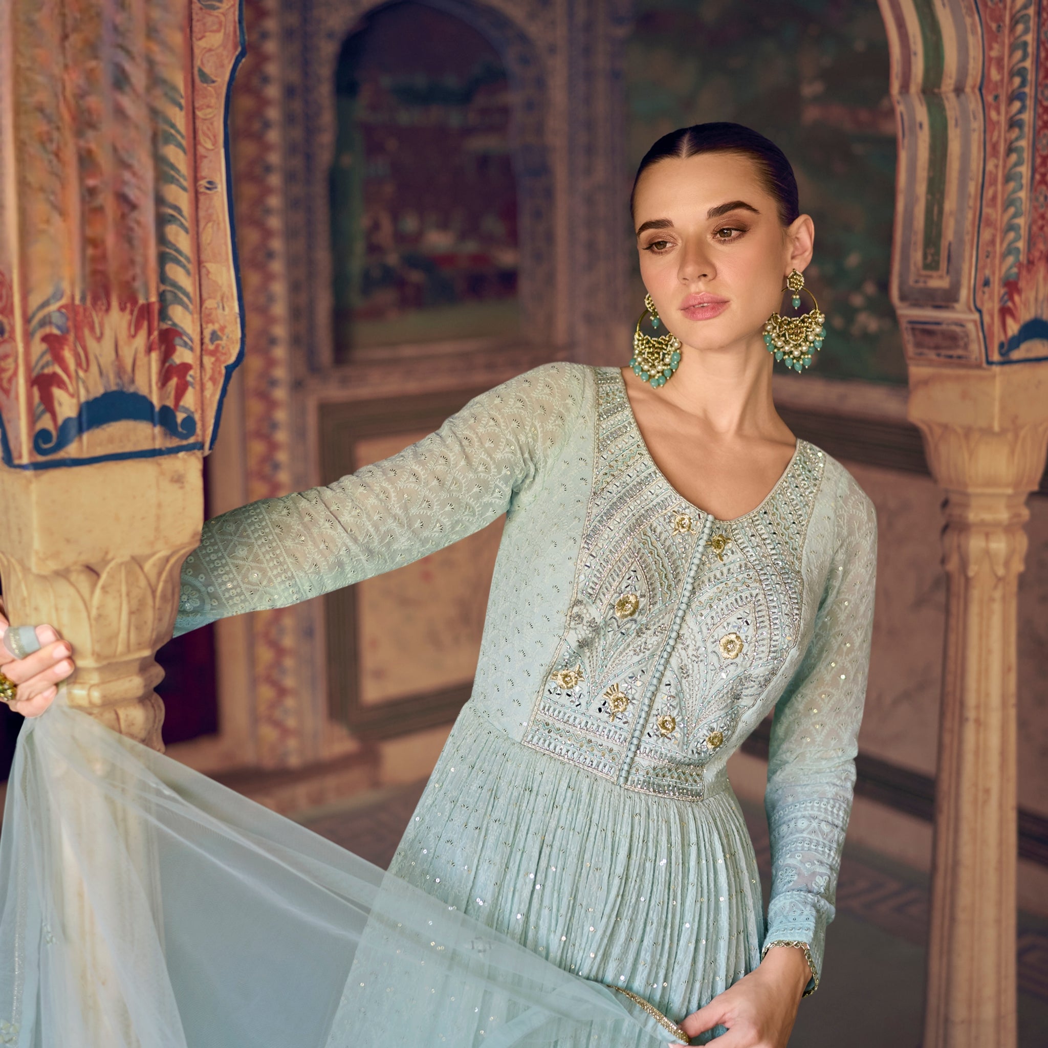 Blue Premium Georgette Chikankari Anarkali Dress