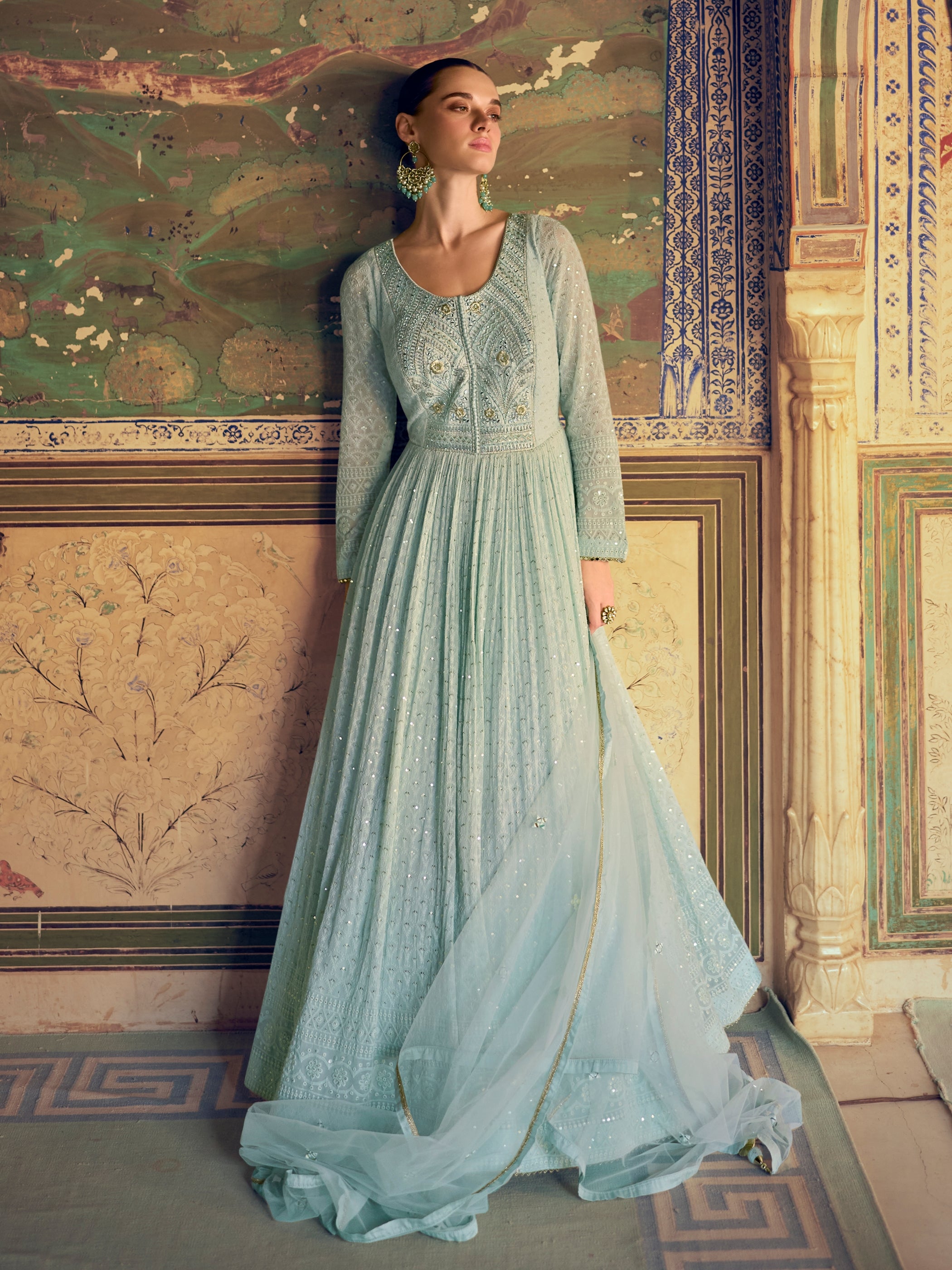 Blue Premium Georgette Chikankari Anarkali Dress