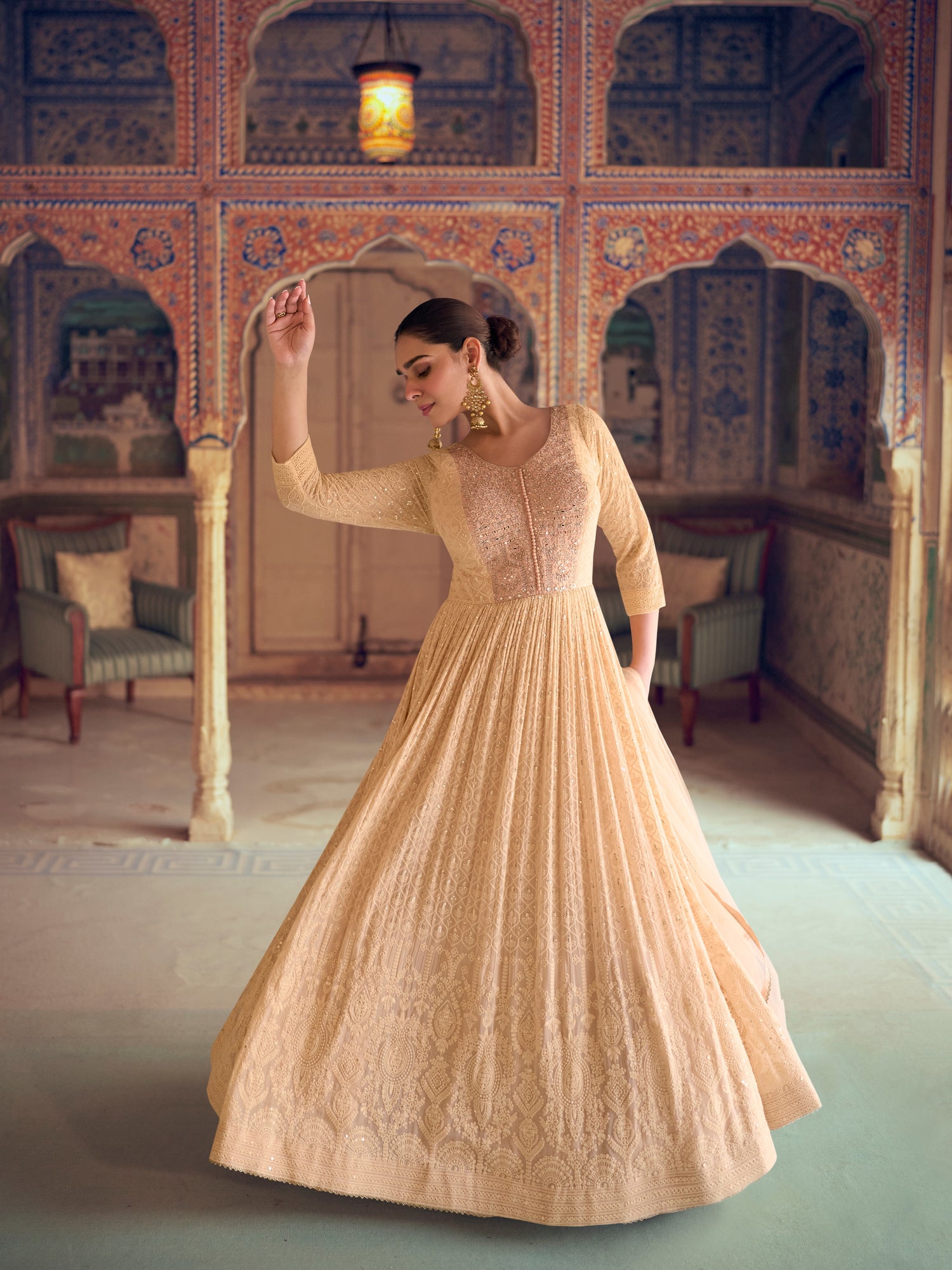 slim fit dress slacks SAADGI YELLOW MIRROR WORK ANARKALI SET main image 0