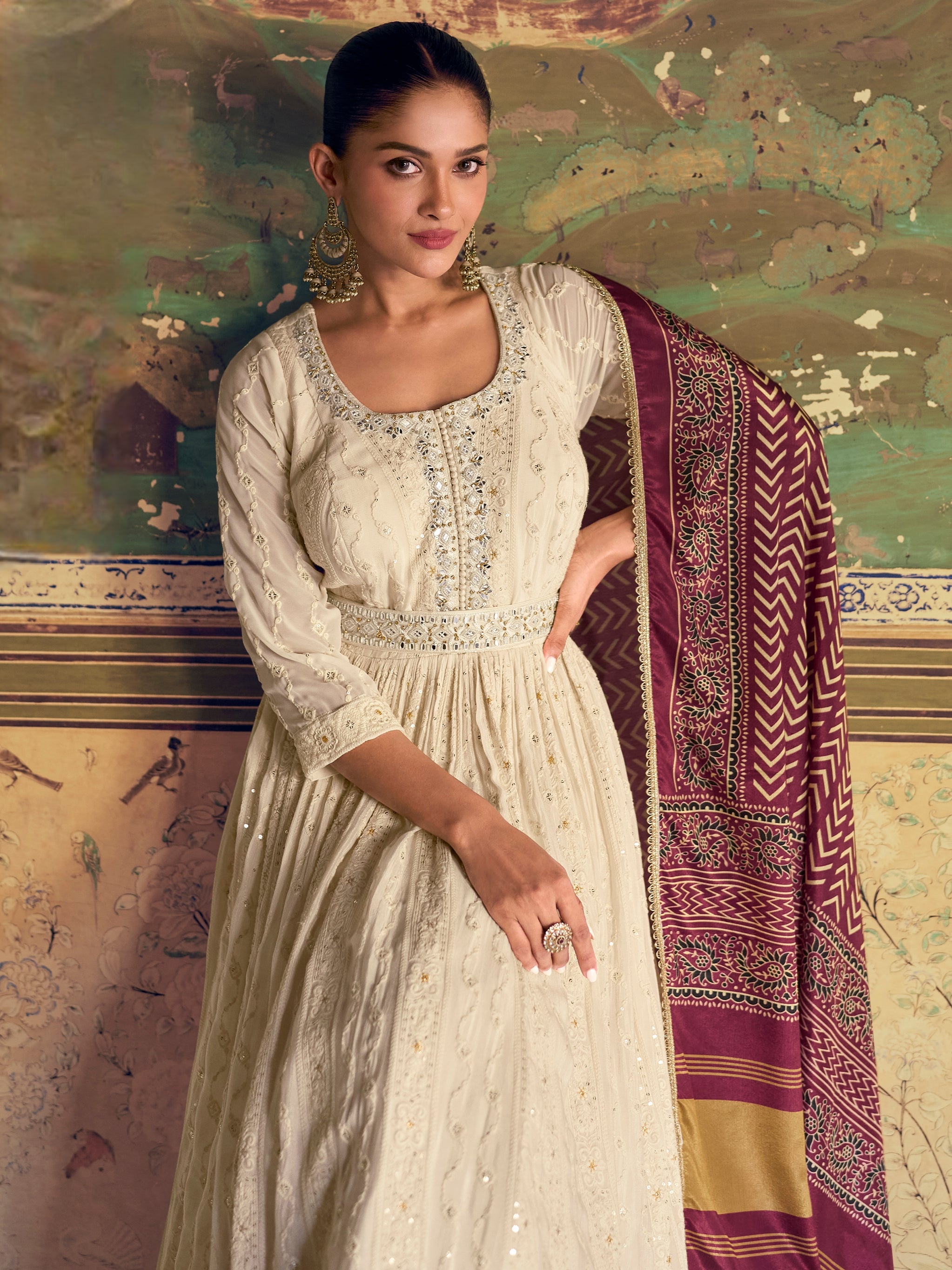 Ivory Embroidered Chikankari Anarkali Dress