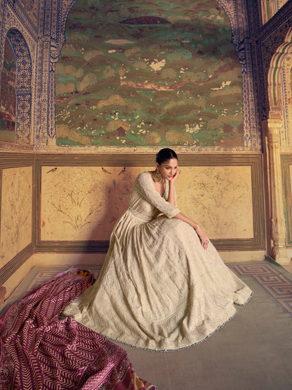 Ivory Embroidered Chikankari Anarkali Dress