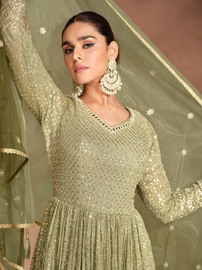 Sage Green Chikankari Anarkali Dress  Anant Exports
