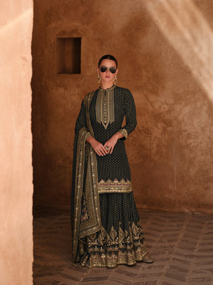 Black &amp; Gold Premium Silk Designer Sharara Suit