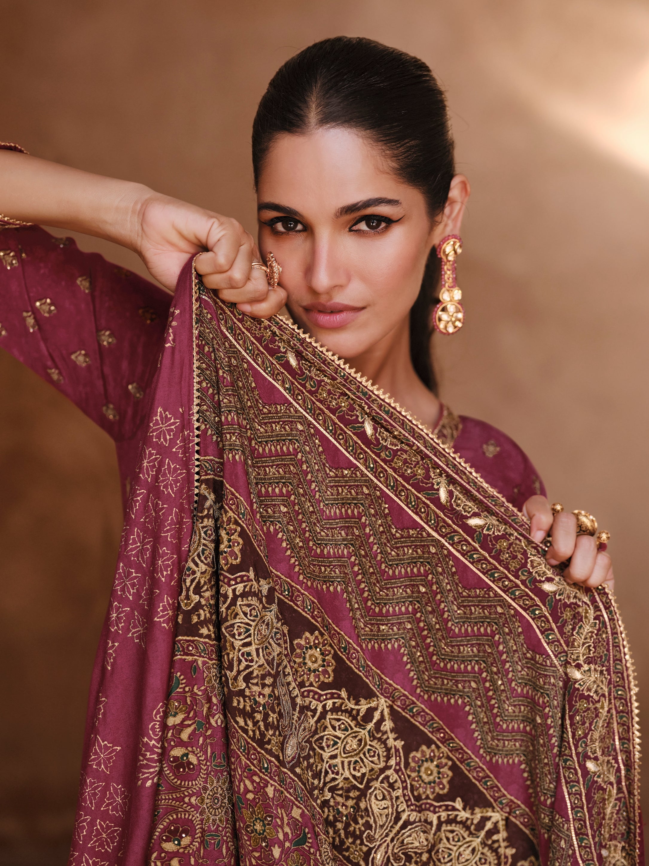 Wine &amp; Gold Premium Real Crepe Silk Sharara Suit