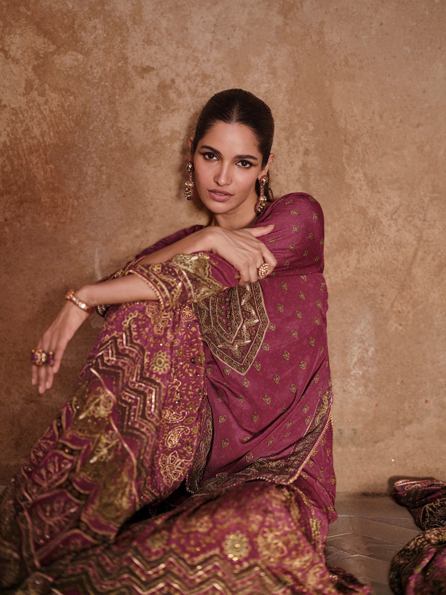 Wine &amp; Gold Premium Real Crepe Silk Sharara Suit