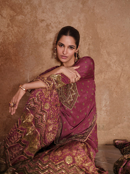 Wine &amp; Gold Premium Real Crepe Silk Sharara Suit