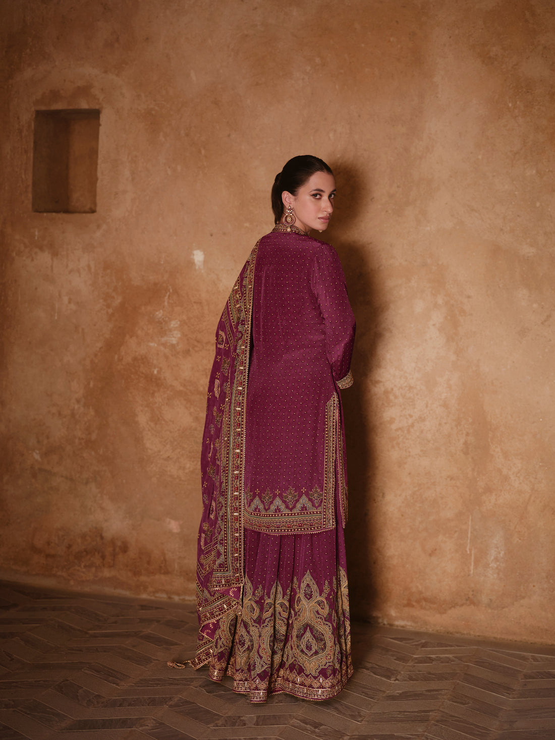 Plum Purple &amp; Gold Designer Sharara Suit