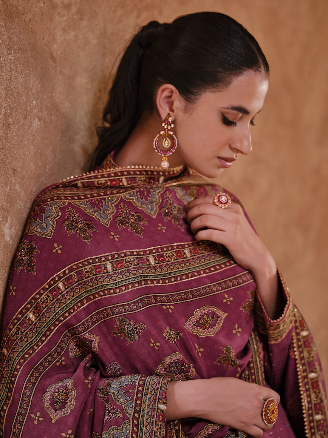 Plum Purple &amp; Gold Designer Sharara Suit