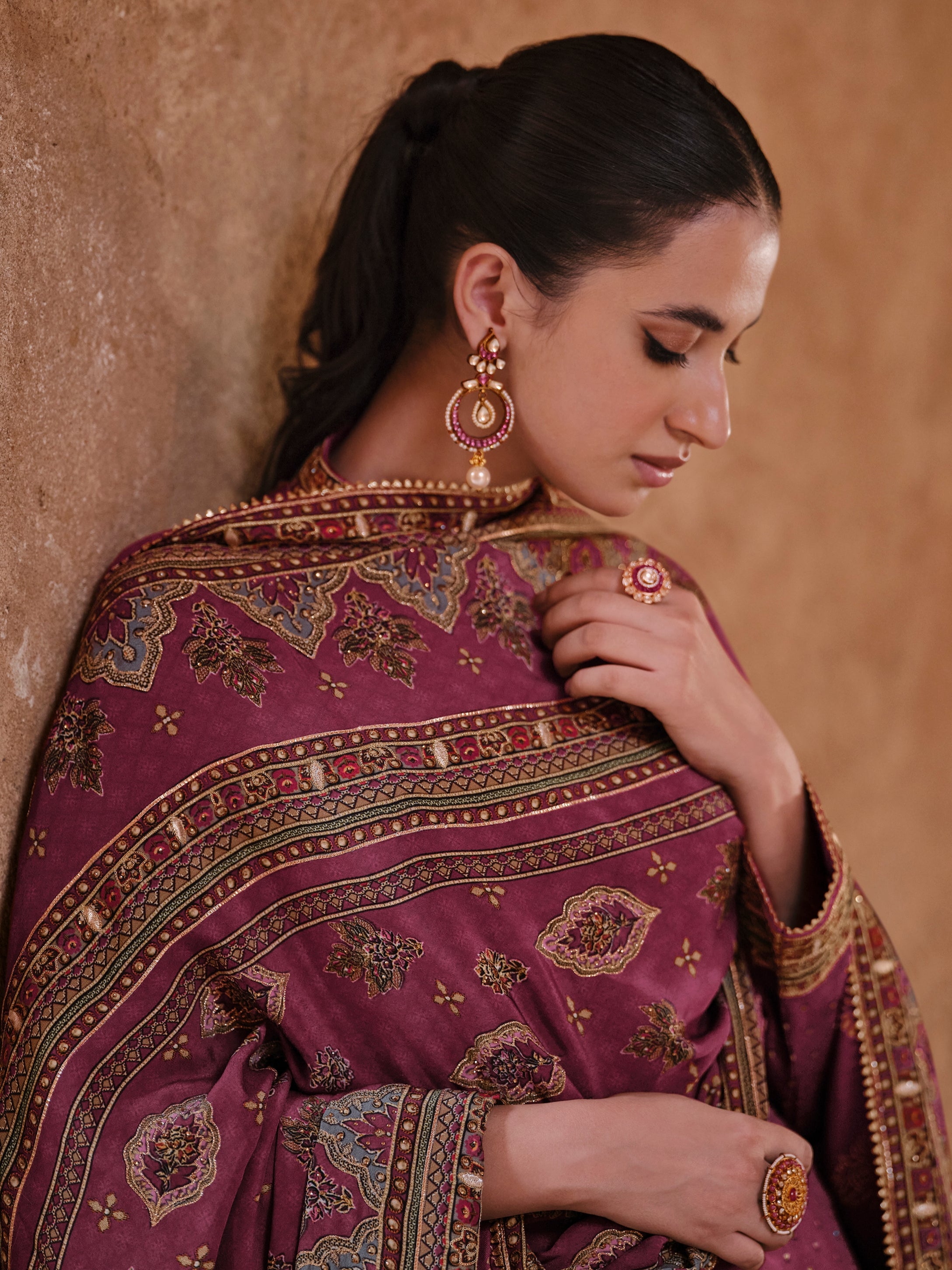 Plum Purple &amp; Gold Designer Sharara Suit