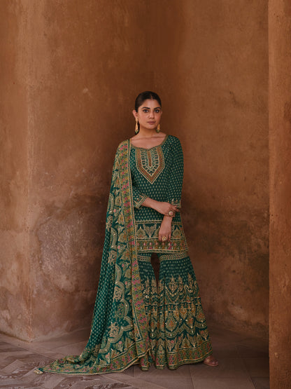 Green &amp; Gold Designer Premium Silk Sharara Suit