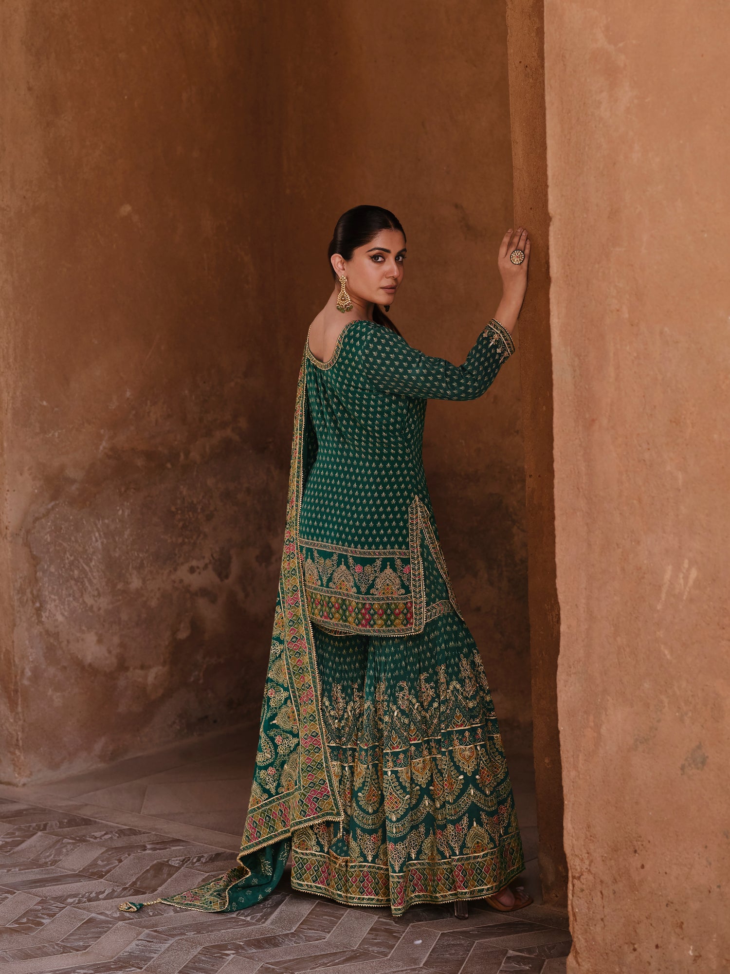 Green &amp; Gold Designer Premium Silk Sharara Suit