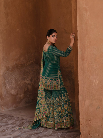 Green &amp; Gold Designer Premium Silk Sharara Suit