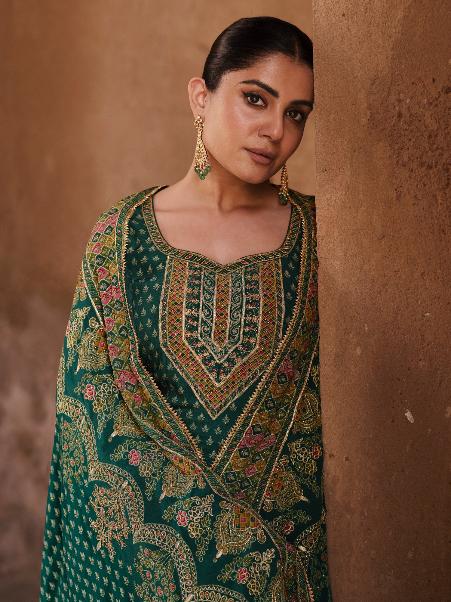Green &amp; Gold Designer Premium Silk Sharara Suit