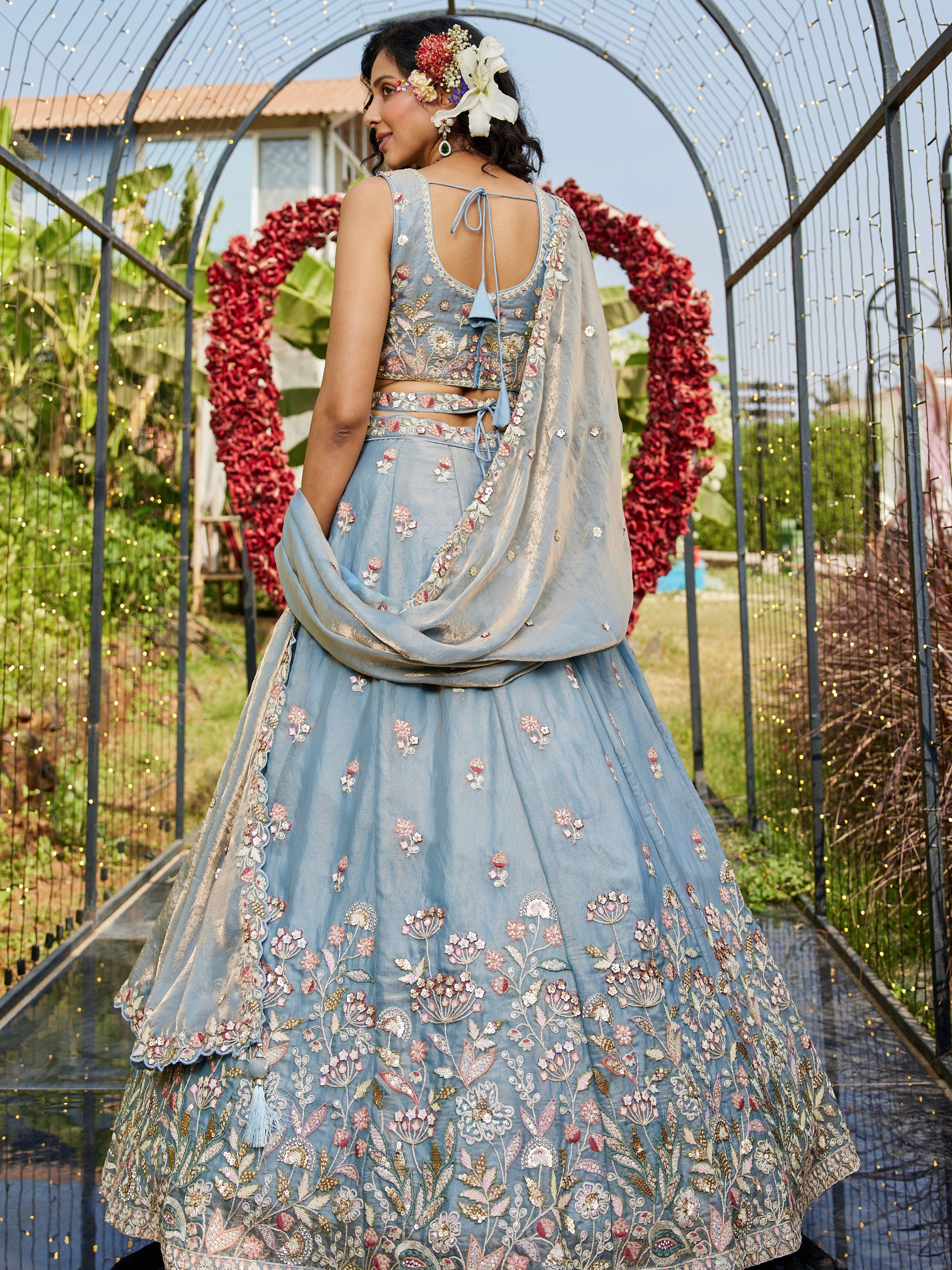 Blue Tissue Embroidered Bridal Lehenga