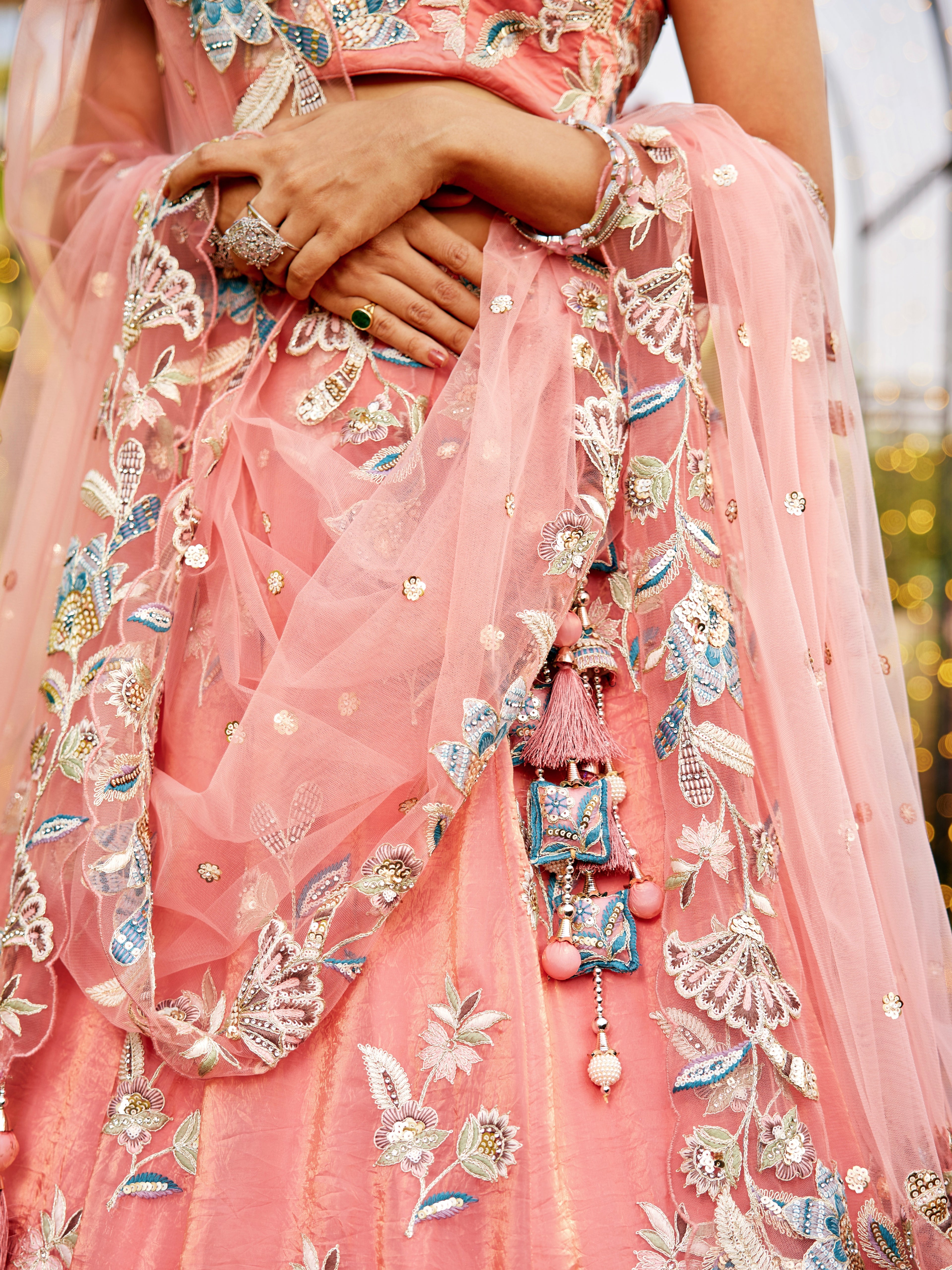 Orange Net Bridal Lehenga with Sequins &amp; Zarkan Work