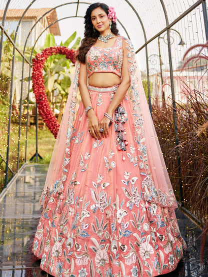 Orange Net Bridal Lehenga with Sequins &amp; Zarkan Work