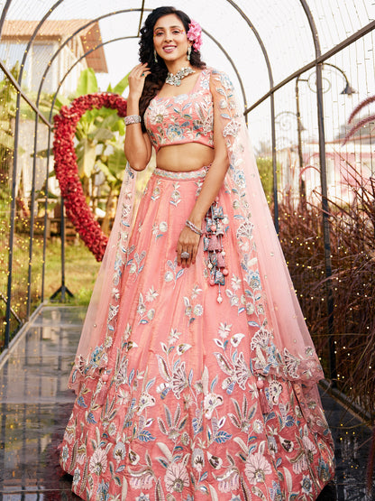 Orange Net Bridal Lehenga with Sequins &amp; Zarkan Work