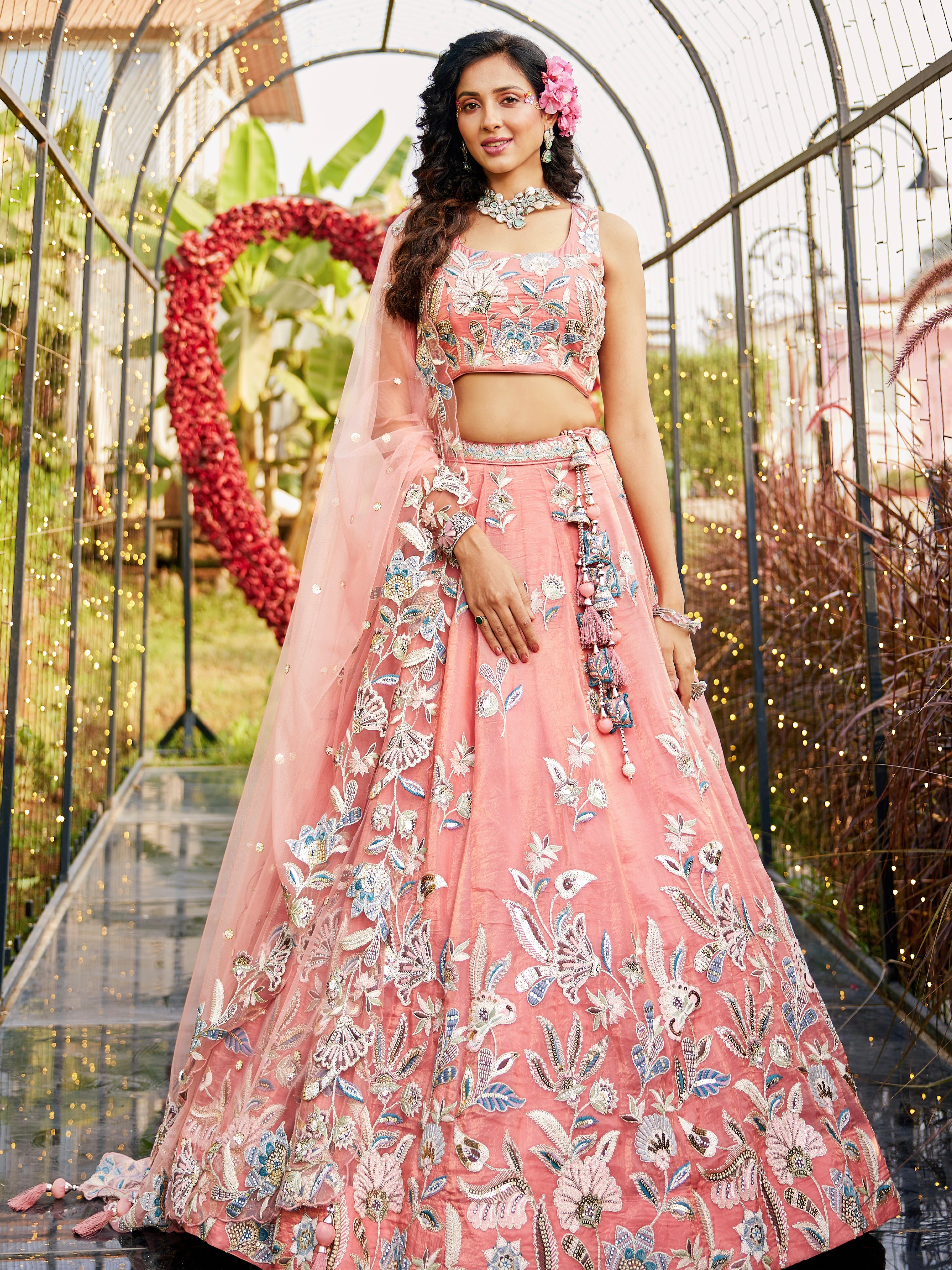 Orange Net Bridal Lehenga with Sequins &amp; Zarkan Work