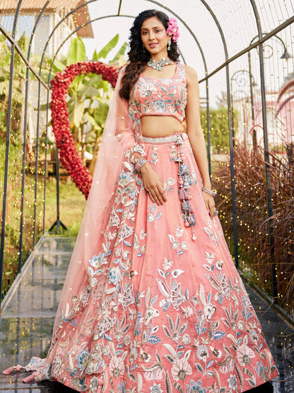 Orange Net Bridal Lehenga with Sequins &amp; Zarkan Work