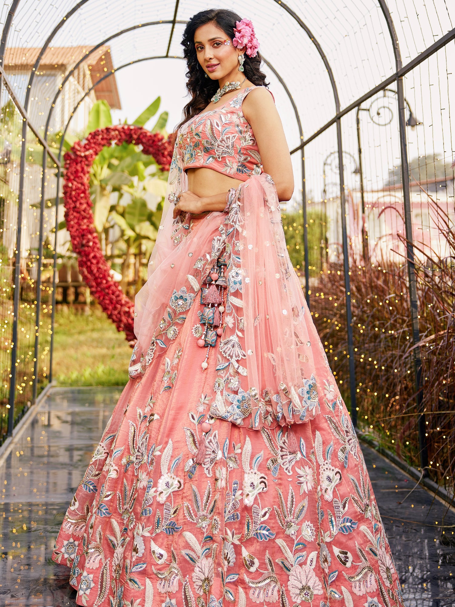 Orange Net Bridal Lehenga with Sequins &amp; Zarkan Work