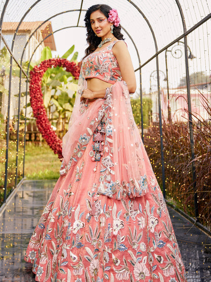 Orange Net Bridal Lehenga with Sequins &amp; Zarkan Work