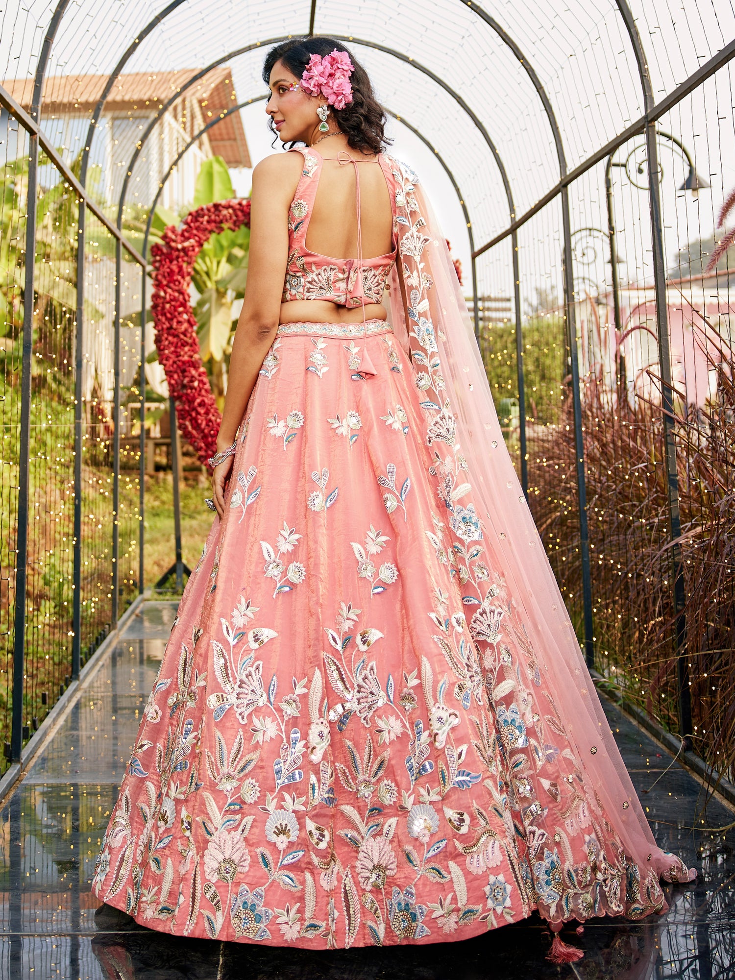 Orange Net Bridal Lehenga with Sequins &amp; Zarkan Work